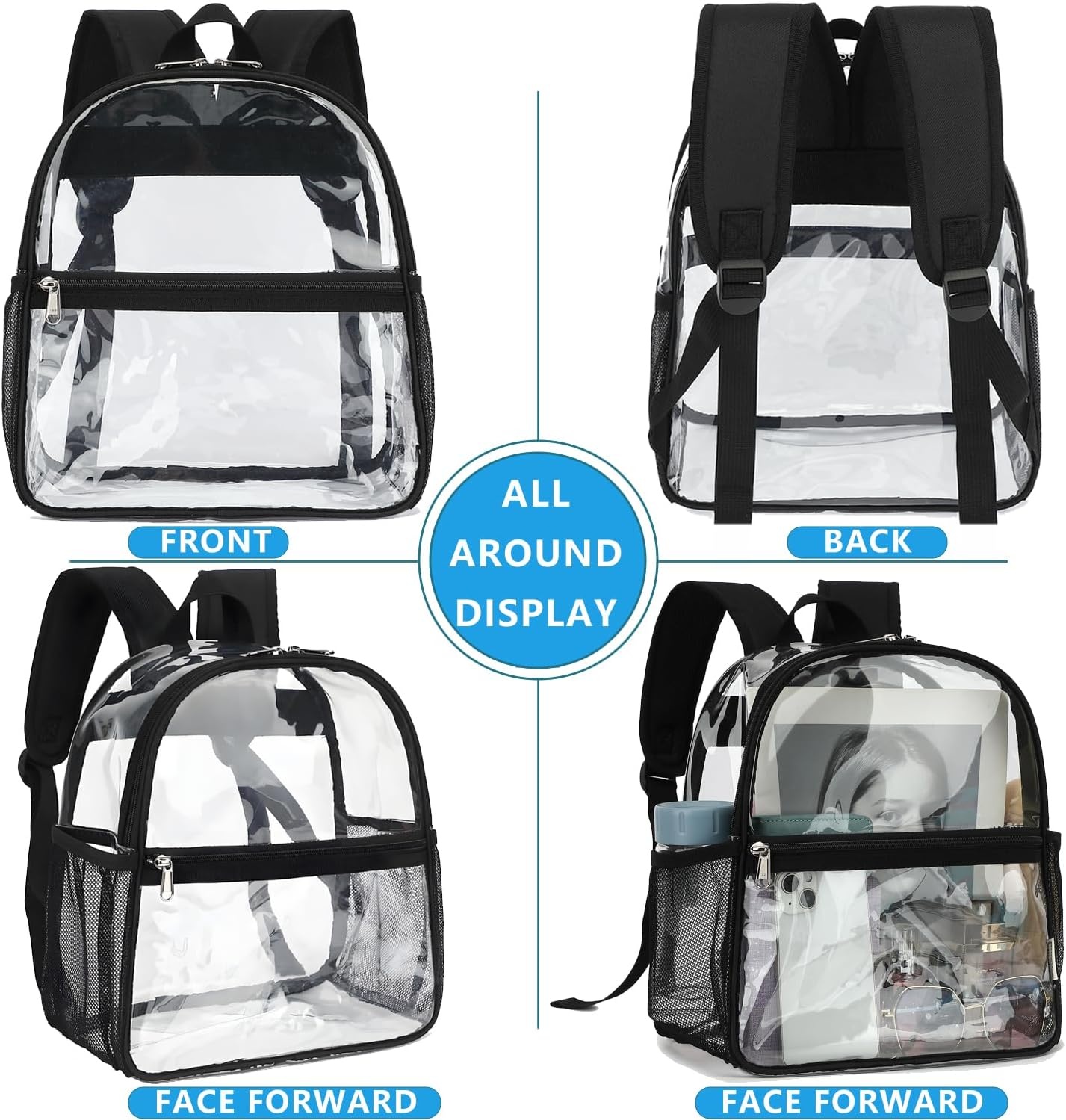image:imageFammart Clear Backpack Stadium Approved 12x6x12 Kids amp Small Adult Transparent Backpack for School Work Sports Concerts Clear BagBlack