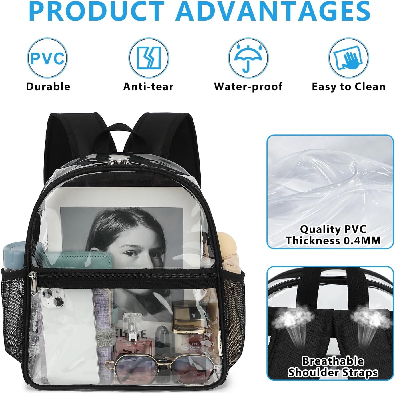 image:imageFammart Clear Backpack Stadium Approved 12x6x12 Kids amp Small Adult Transparent Backpack for School Work Sports Concerts Clear BagBlack
