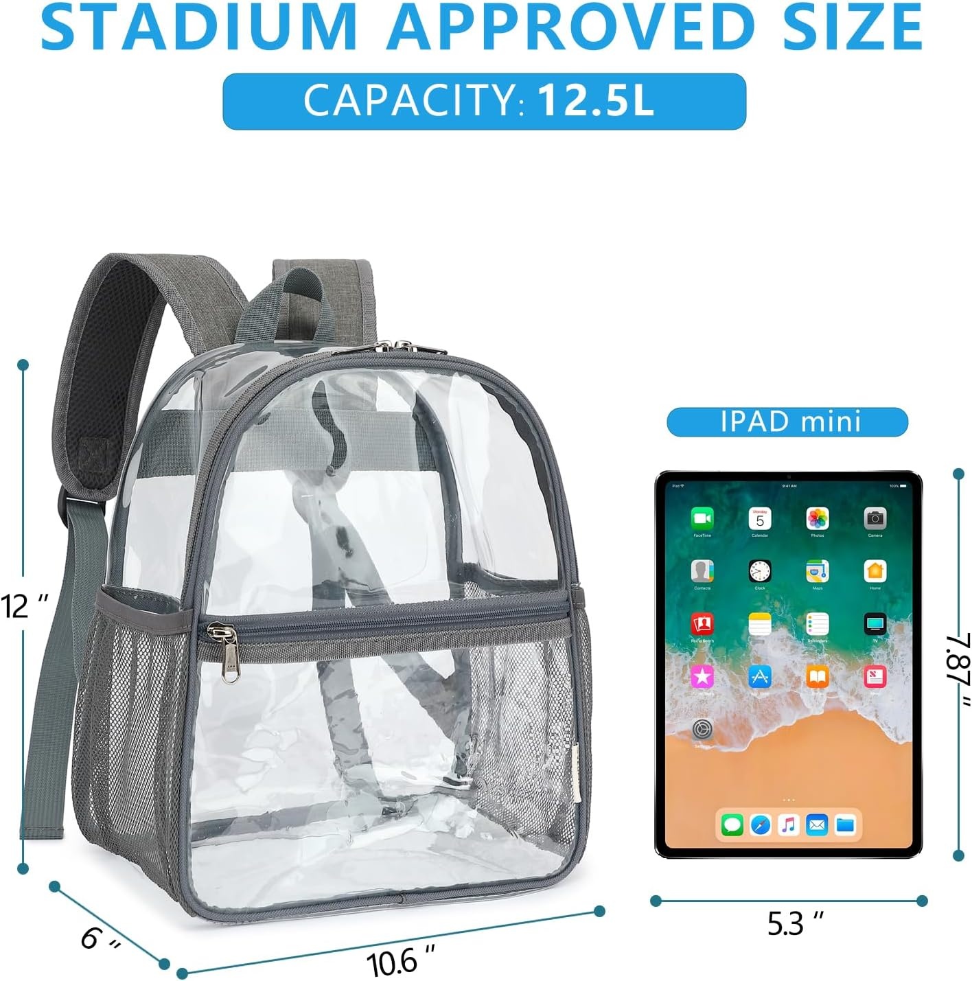 image:imageFammart Clear Backpack Stadium Approved 12x6x12 Kids amp Small Adult Transparent Backpack for School Work Sports Concerts Clear BagGrey
