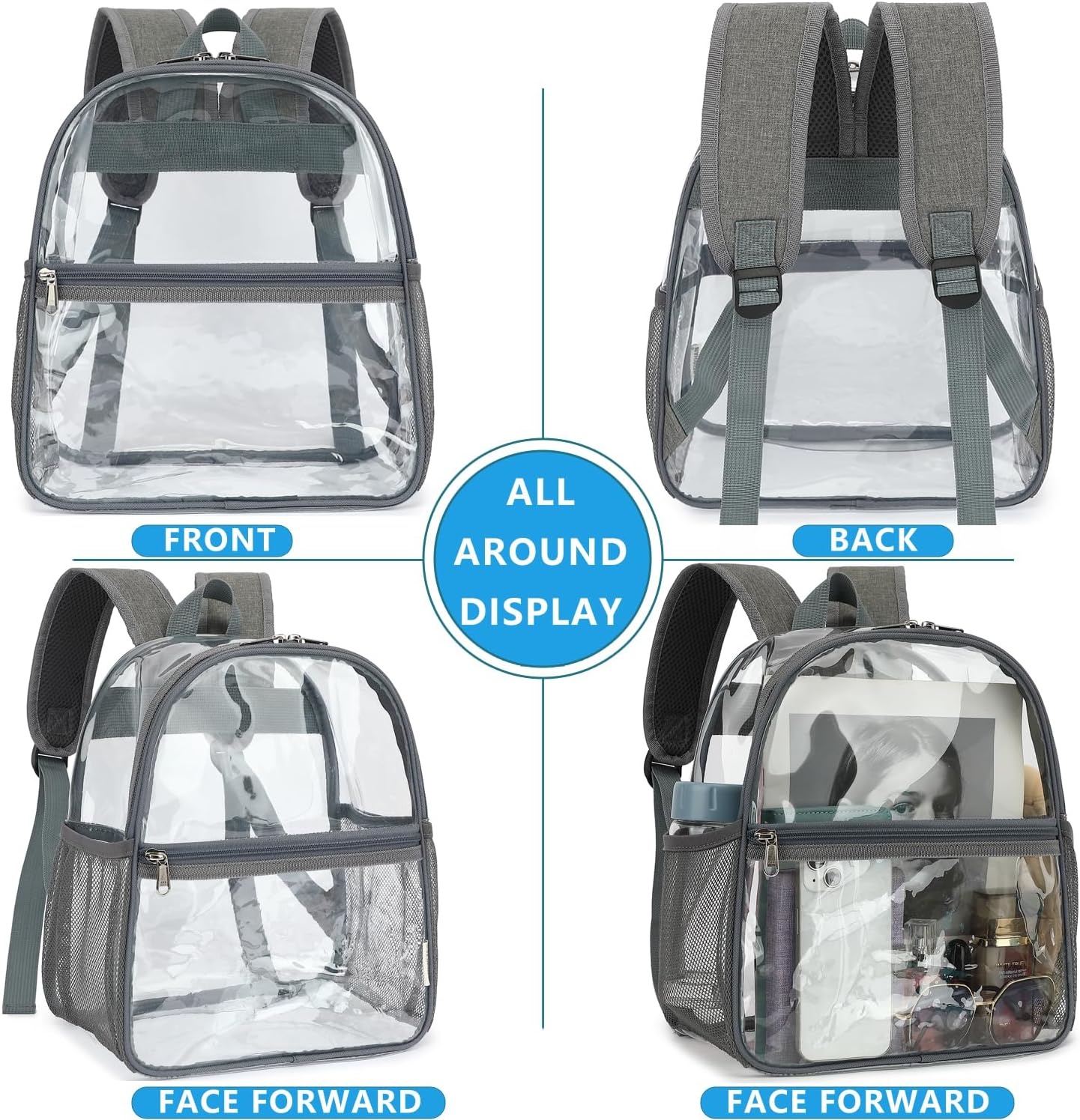 image:imageFammart Clear Backpack Stadium Approved 12x6x12 Kids amp Small Adult Transparent Backpack for School Work Sports Concerts Clear BagGrey