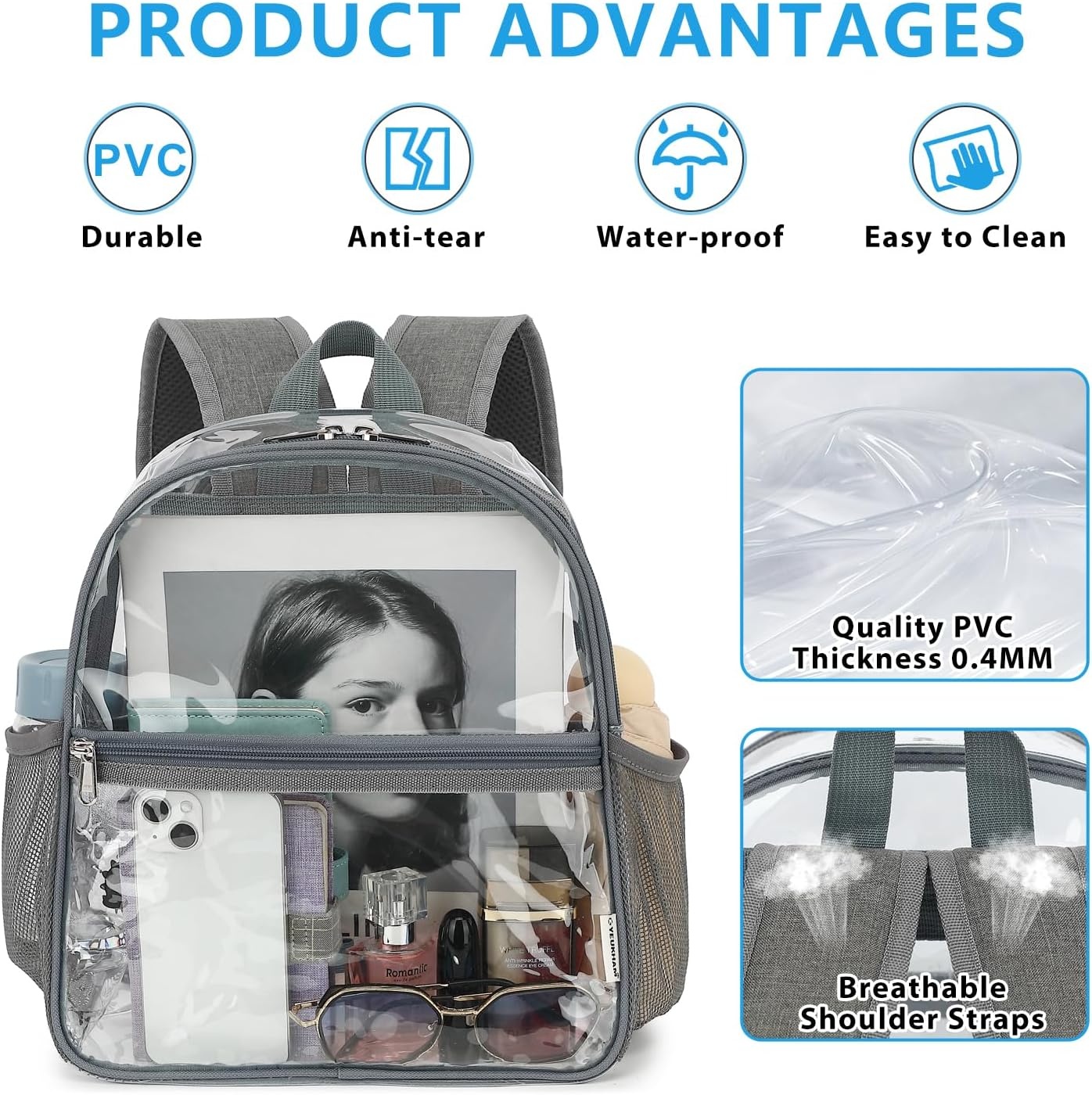 image:imageFammart Clear Backpack Stadium Approved 12x6x12 Kids amp Small Adult Transparent Backpack for School Work Sports Concerts Clear BagGrey