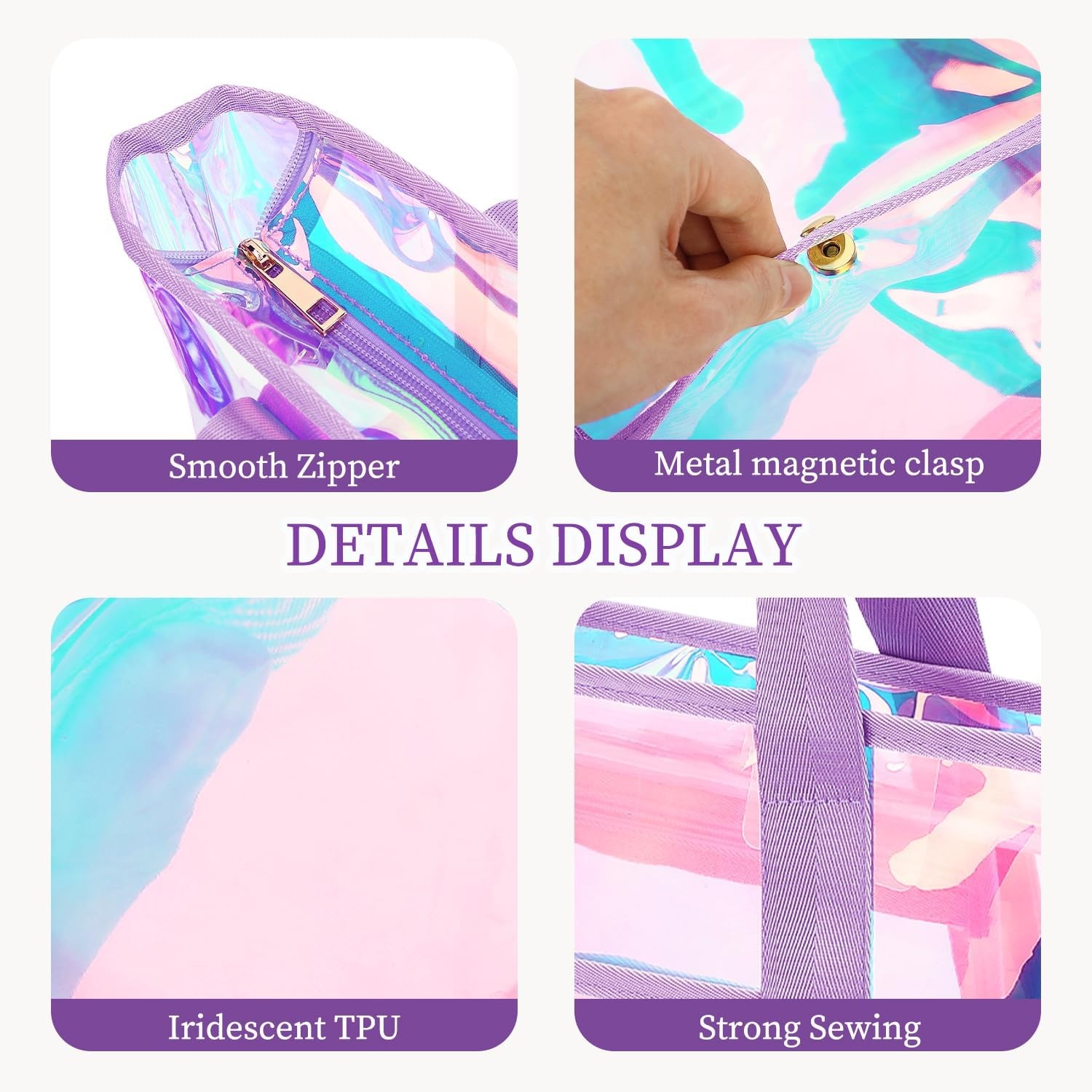 image:imageFammart Clear Bag for Stadium Events 12x6x12 Jelly Tote Bag for Women with Zipper for Beach Sports Concerts WorkIridescent Purple
