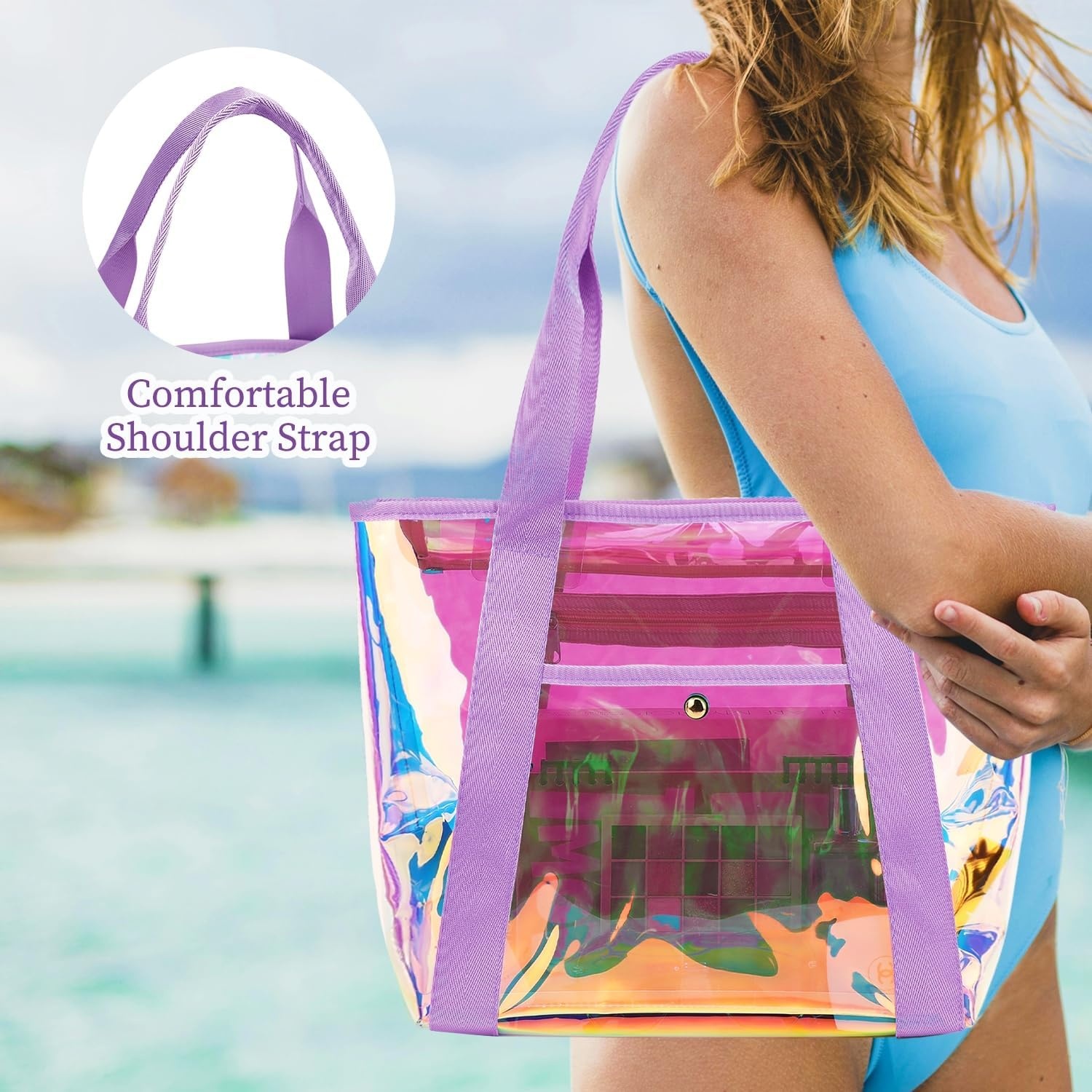 image:imageFammart Clear Bag for Stadium Events 12x6x12 Jelly Tote Bag for Women with Zipper for Beach Sports Concerts WorkIridescent Purple