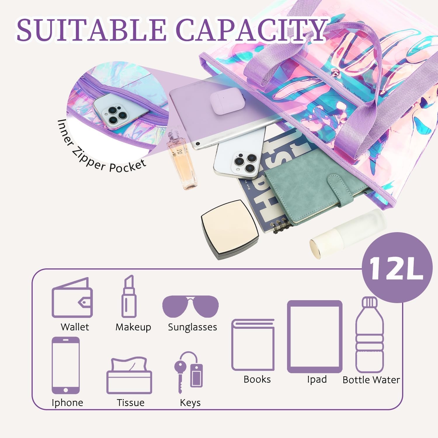 image:imageFammart Clear Bag for Stadium Events 12x6x12 Jelly Tote Bag for Women with Zipper for Beach Sports Concerts WorkIridescent Purple