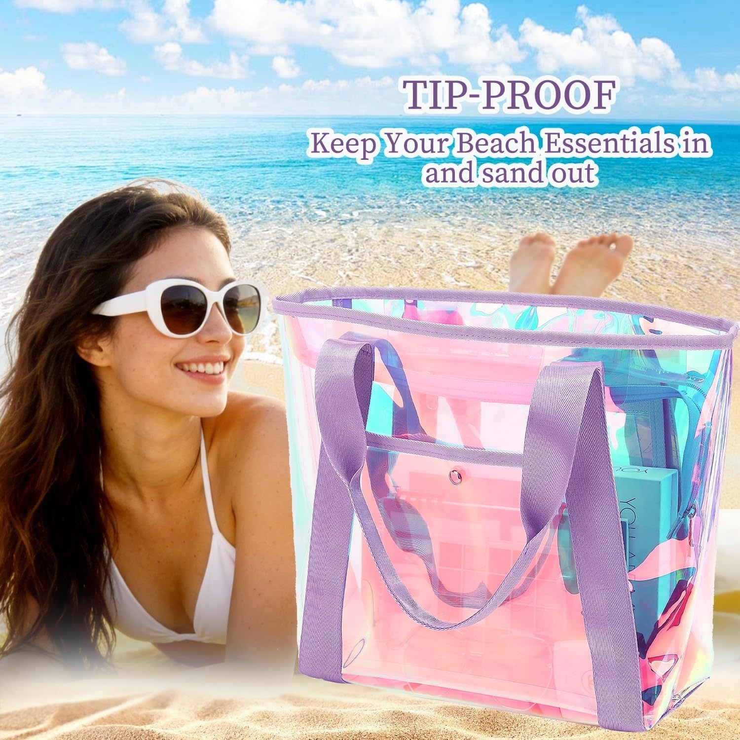 image:imageFammart Clear Bag for Stadium Events 12x6x12 Jelly Tote Bag for Women with Zipper for Beach Sports Concerts WorkIridescent Purple