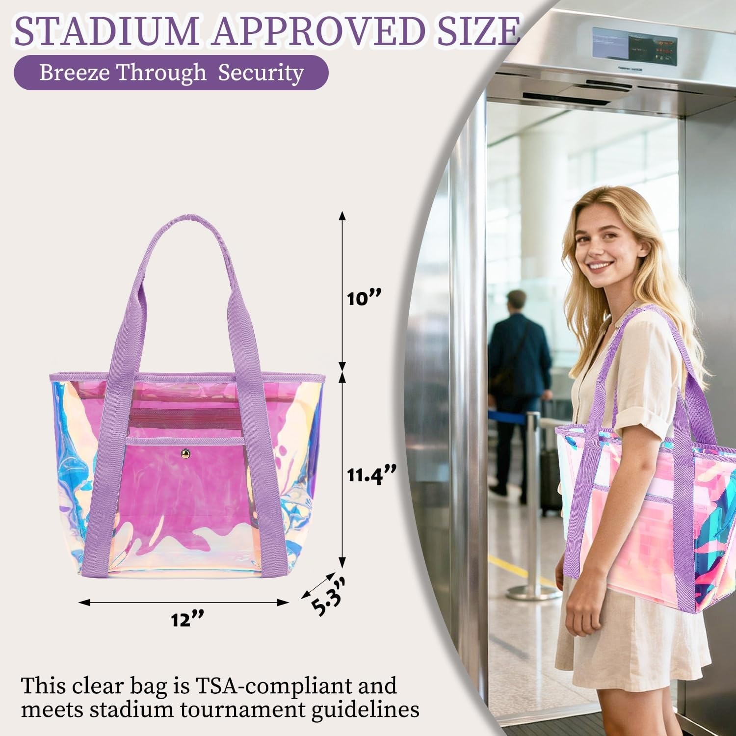 image:imageFammart Clear Bag for Stadium Events 12x6x12 Jelly Tote Bag for Women with Zipper for Beach Sports Concerts WorkIridescent Purple
