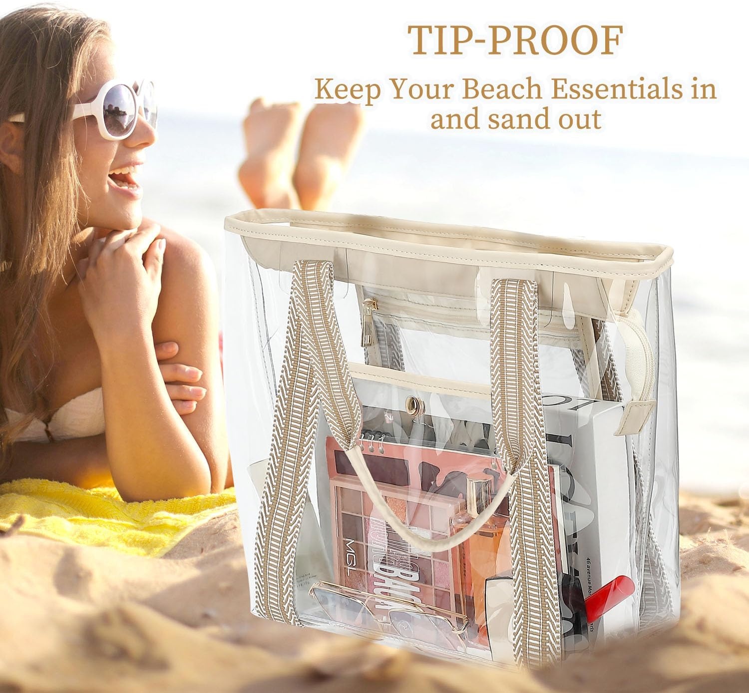 image:imageFammart Clear Bag for Stadium Events 12x6x12 Jelly Tote Bag for Women with Zipper for Beach Sports Concerts WorkJacquard Handles Beige