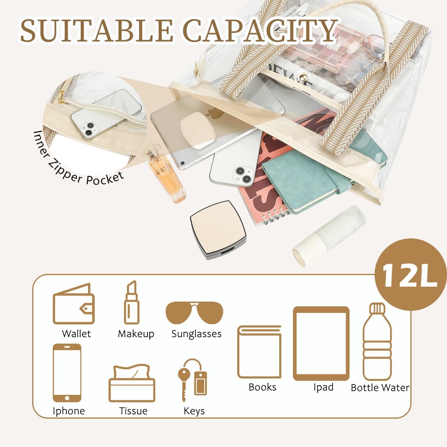 image:imageFammart Clear Bag for Stadium Events 12x6x12 Jelly Tote Bag for Women with Zipper for Beach Sports Concerts WorkJacquard Handles Beige