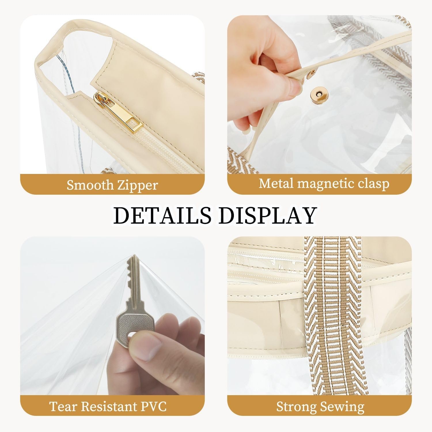 image:imageFammart Clear Bag for Stadium Events 12x6x12 Jelly Tote Bag for Women with Zipper for Beach Sports Concerts WorkJacquard Handles Beige