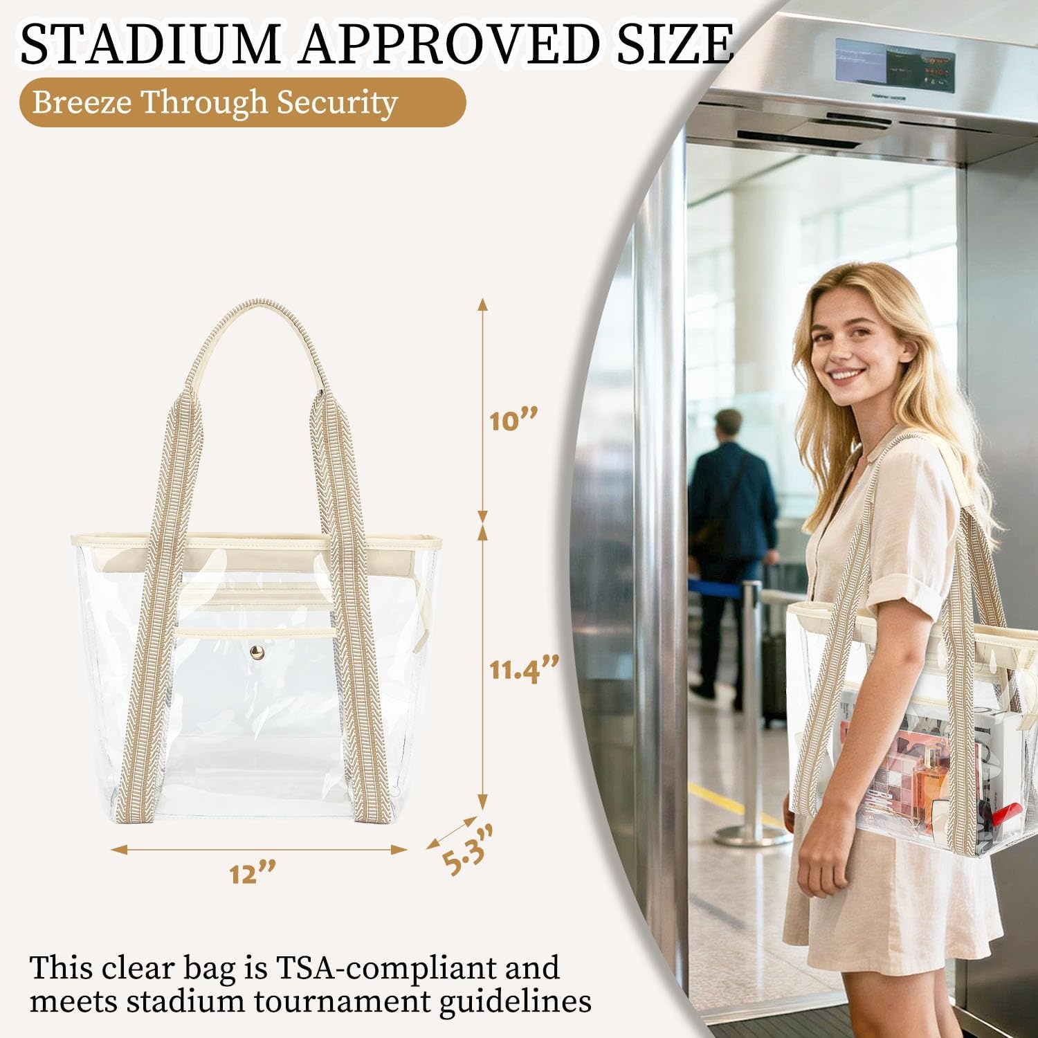 image:imageFammart Clear Bag for Stadium Events 12x6x12 Jelly Tote Bag for Women with Zipper for Beach Sports Concerts WorkJacquard Handles Beige