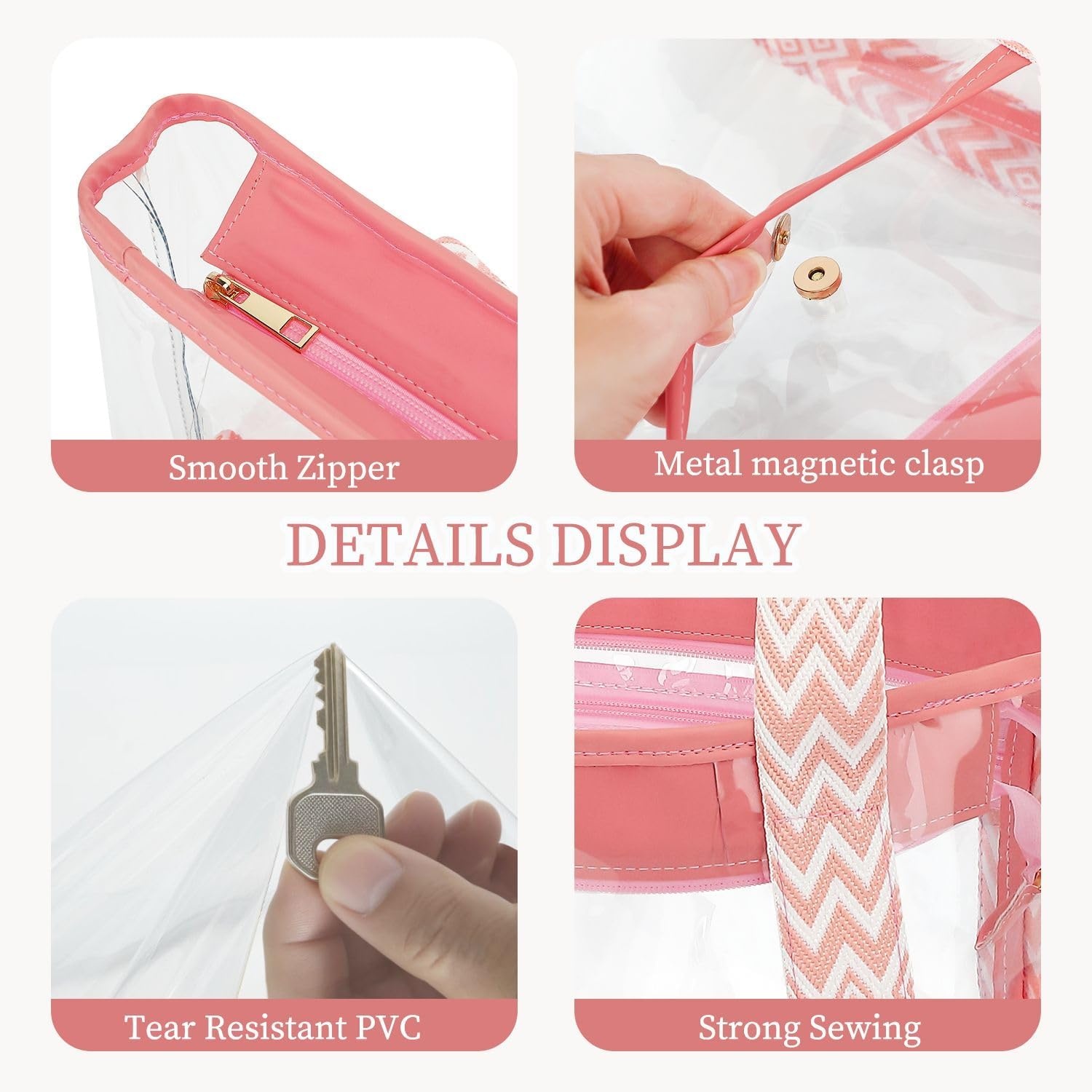 image:imageFammart Clear Bag for Stadium Events 12x6x12 Jelly Tote Bag for Women with Zipper for Beach Sports Concerts WorkJacquard Handles Pink