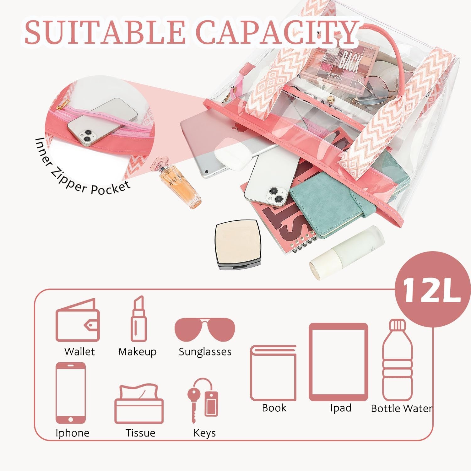 image:imageFammart Clear Bag for Stadium Events 12x6x12 Jelly Tote Bag for Women with Zipper for Beach Sports Concerts WorkJacquard Handles Pink