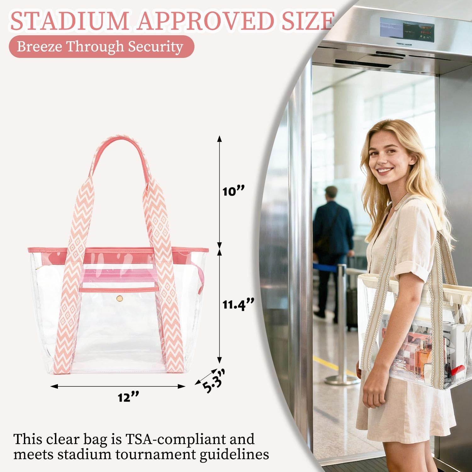 image:imageFammart Clear Bag for Stadium Events 12x6x12 Jelly Tote Bag for Women with Zipper for Beach Sports Concerts WorkJacquard Handles Pink