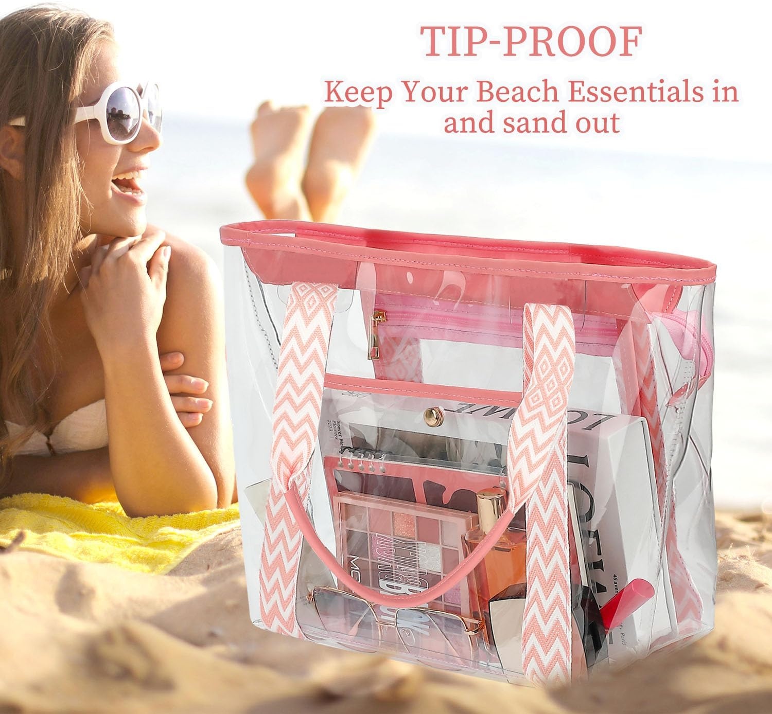 image:imageFammart Clear Bag for Stadium Events 12x6x12 Jelly Tote Bag for Women with Zipper for Beach Sports Concerts WorkJacquard Handles Pink