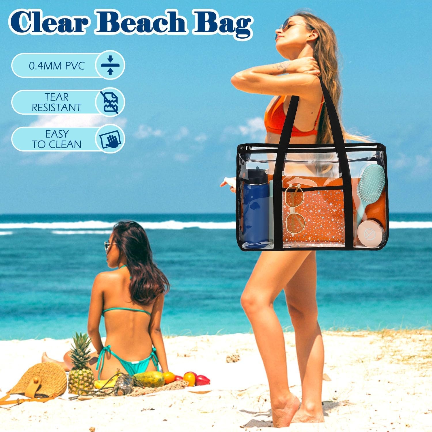 image:imageFammart Clear Beach Bag for Women Large Pool Tote Cruise Vacation Essentials Zipper Closure Waterproof SandproofBlack