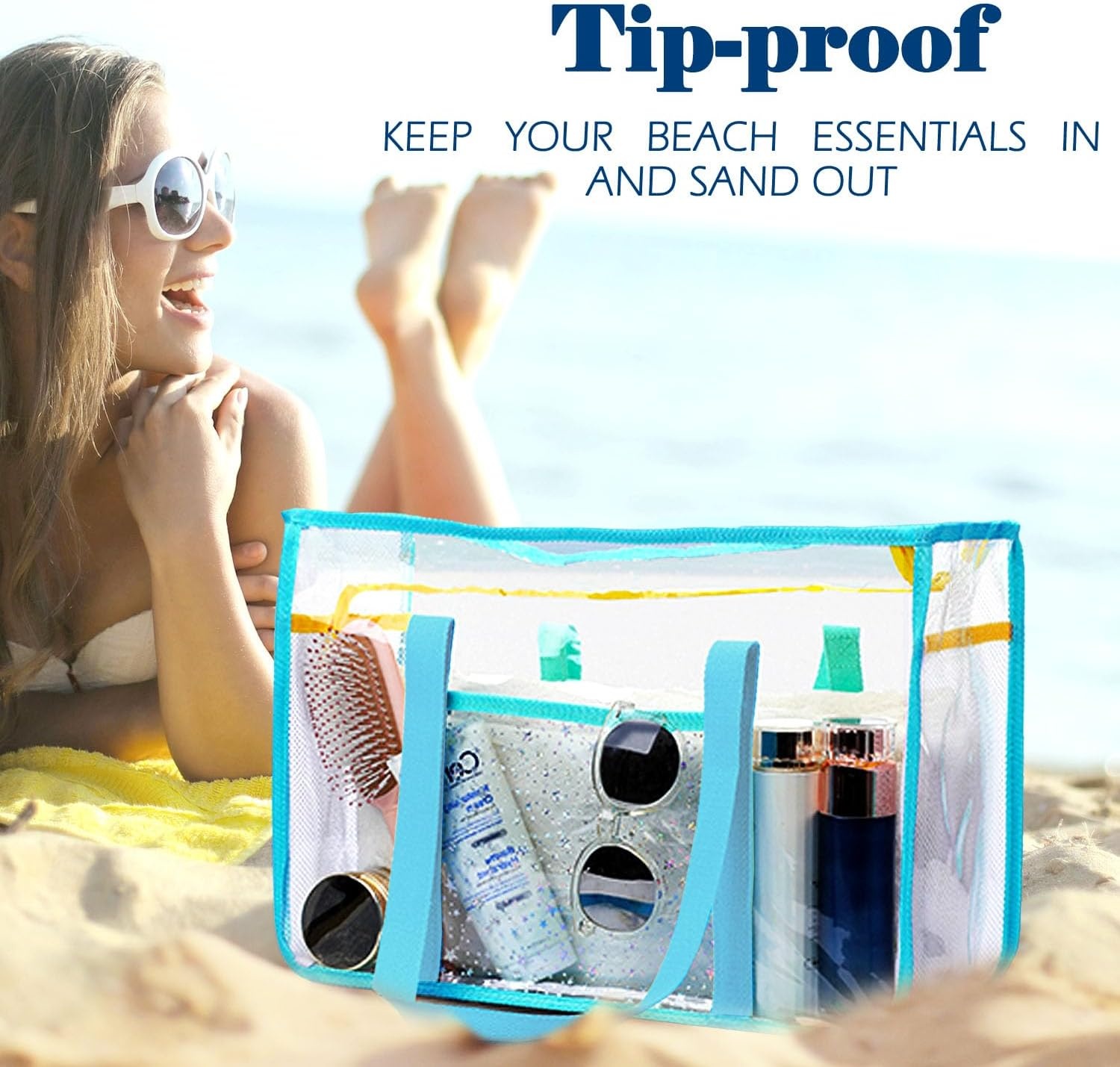 image:imageFammart Clear Beach Bag for Women Large Pool Tote Cruise Vacation Essentials Zipper Closure Waterproof SandproofBlack