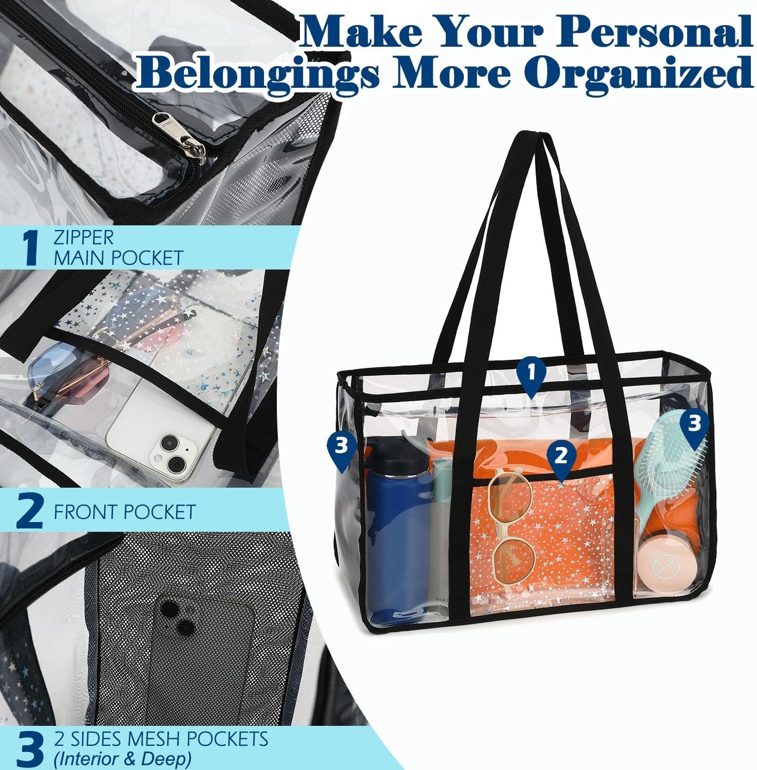 image:imageFammart Clear Beach Bag for Women Large Pool Tote Cruise Vacation Essentials Zipper Closure Waterproof SandproofBlack