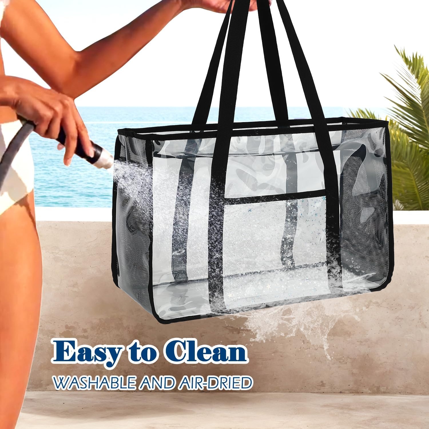 image:imageFammart Clear Beach Bag for Women Large Pool Tote Cruise Vacation Essentials Zipper Closure Waterproof SandproofBlack