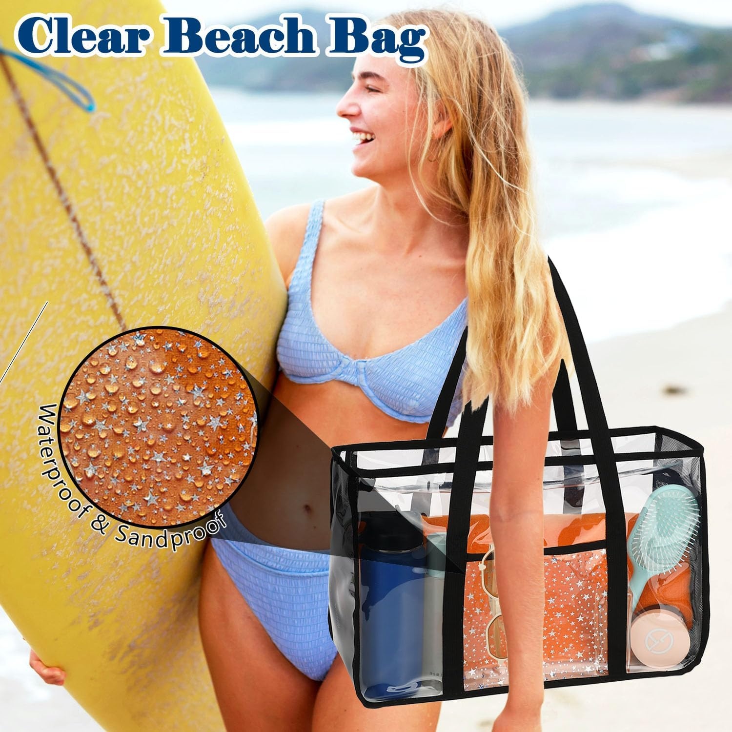 image:imageFammart Clear Beach Bag for Women Large Pool Tote Cruise Vacation Essentials Zipper Closure Waterproof SandproofBlack