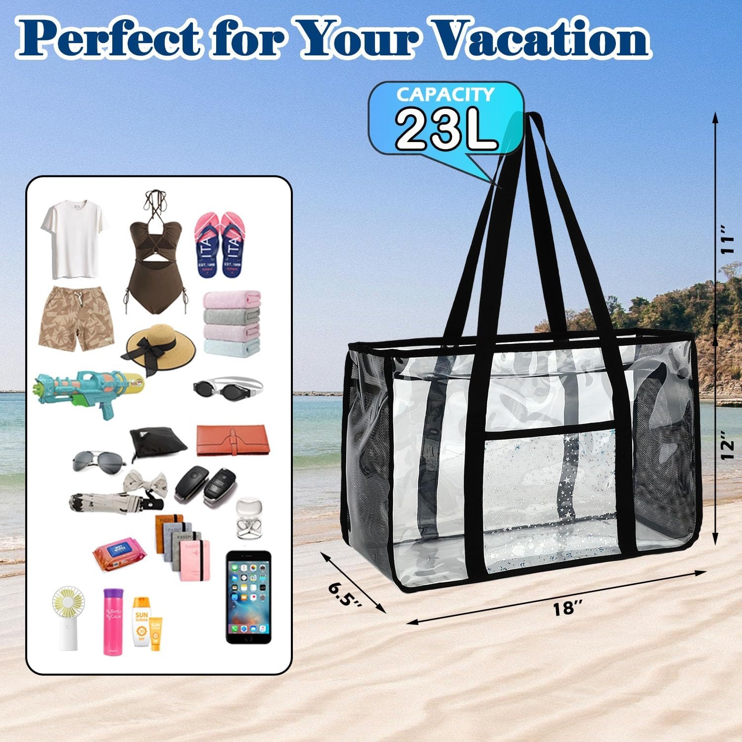image:imageFammart Clear Beach Bag for Women Large Pool Tote Cruise Vacation Essentials Zipper Closure Waterproof SandproofBlack