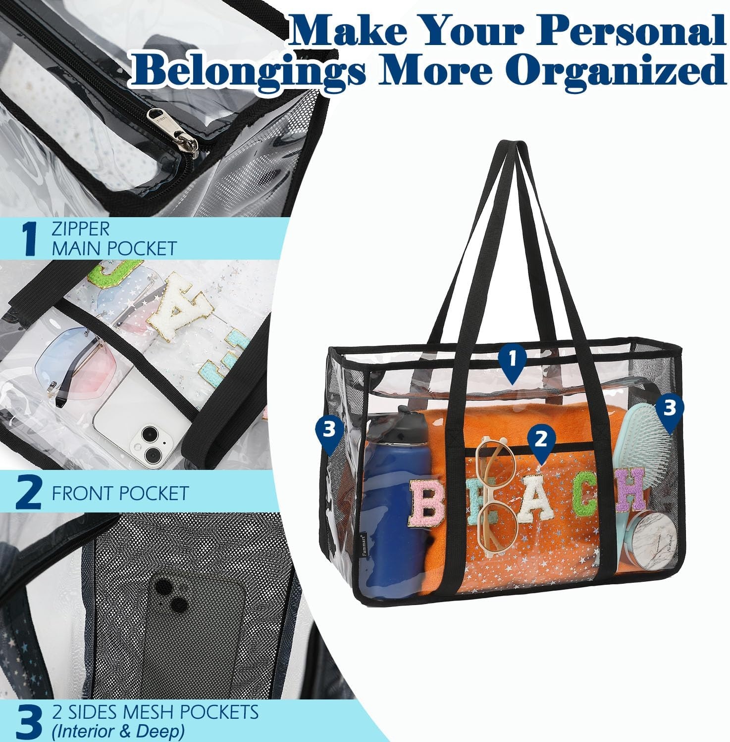 image:imageFammart Clear Beach Bag for Women Large Pool Tote Cruise Vacation Essentials Zipper Closure Waterproof SandproofChenille Letters