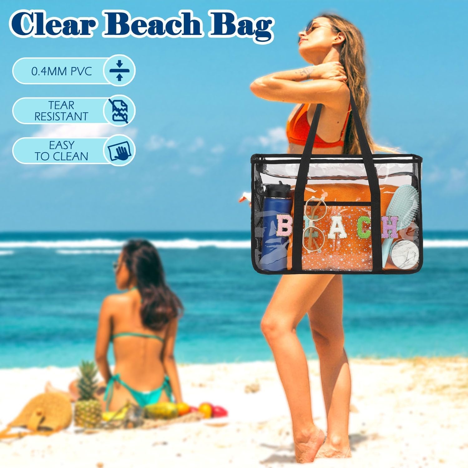 image:imageFammart Clear Beach Bag for Women Large Pool Tote Cruise Vacation Essentials Zipper Closure Waterproof SandproofChenille Letters