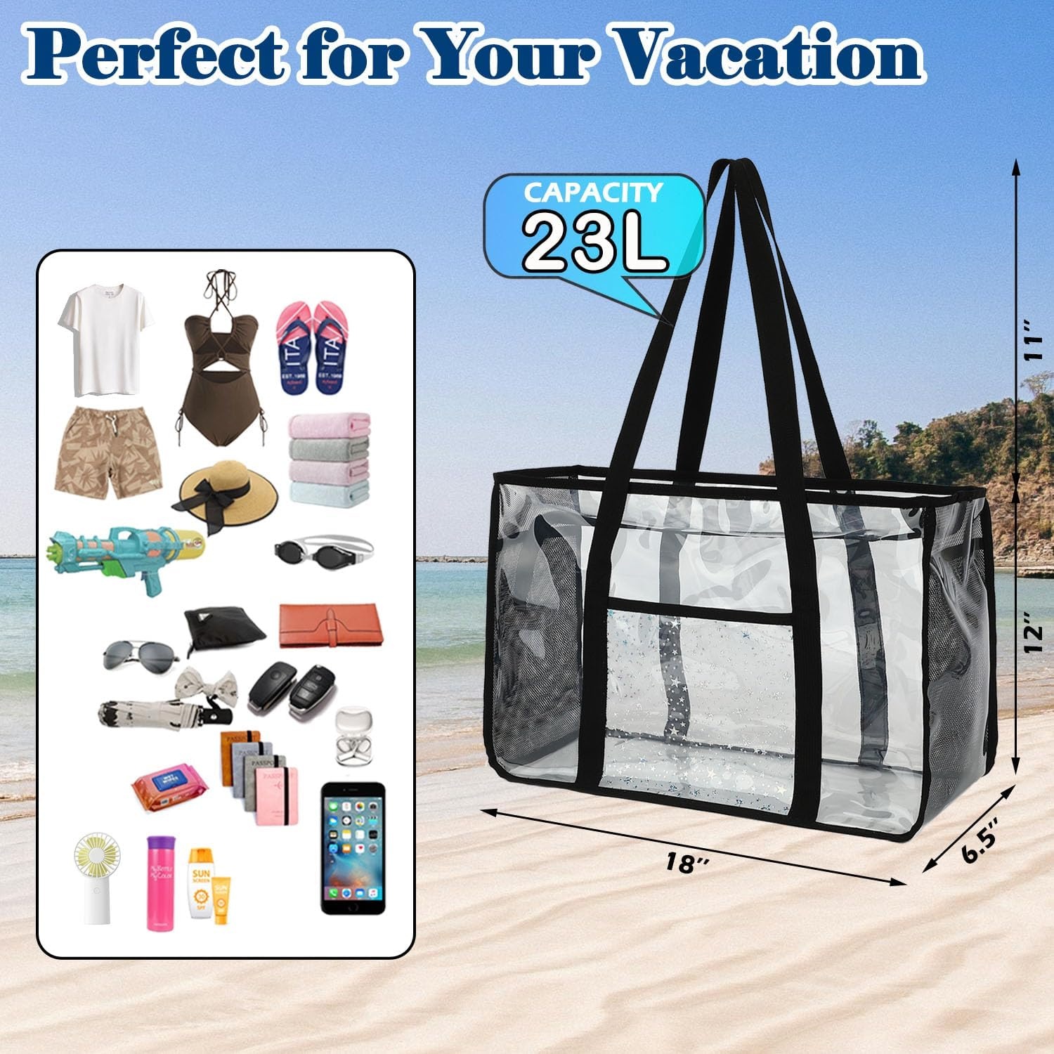 image:imageFammart Clear Beach Bag for Women Large Pool Tote Cruise Vacation Essentials Zipper Closure Waterproof SandproofChenille Letters