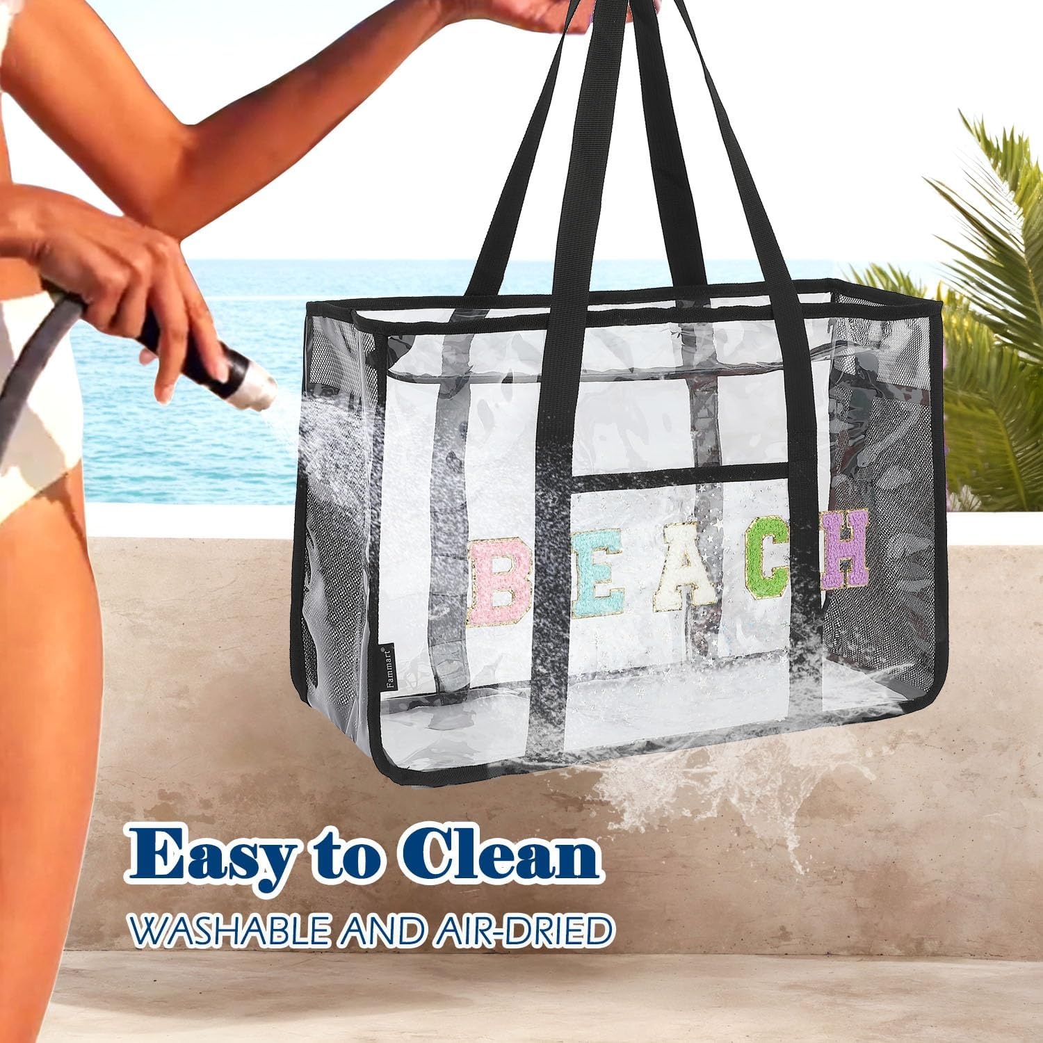 image:imageFammart Clear Beach Bag for Women Large Pool Tote Cruise Vacation Essentials Zipper Closure Waterproof SandproofChenille Letters