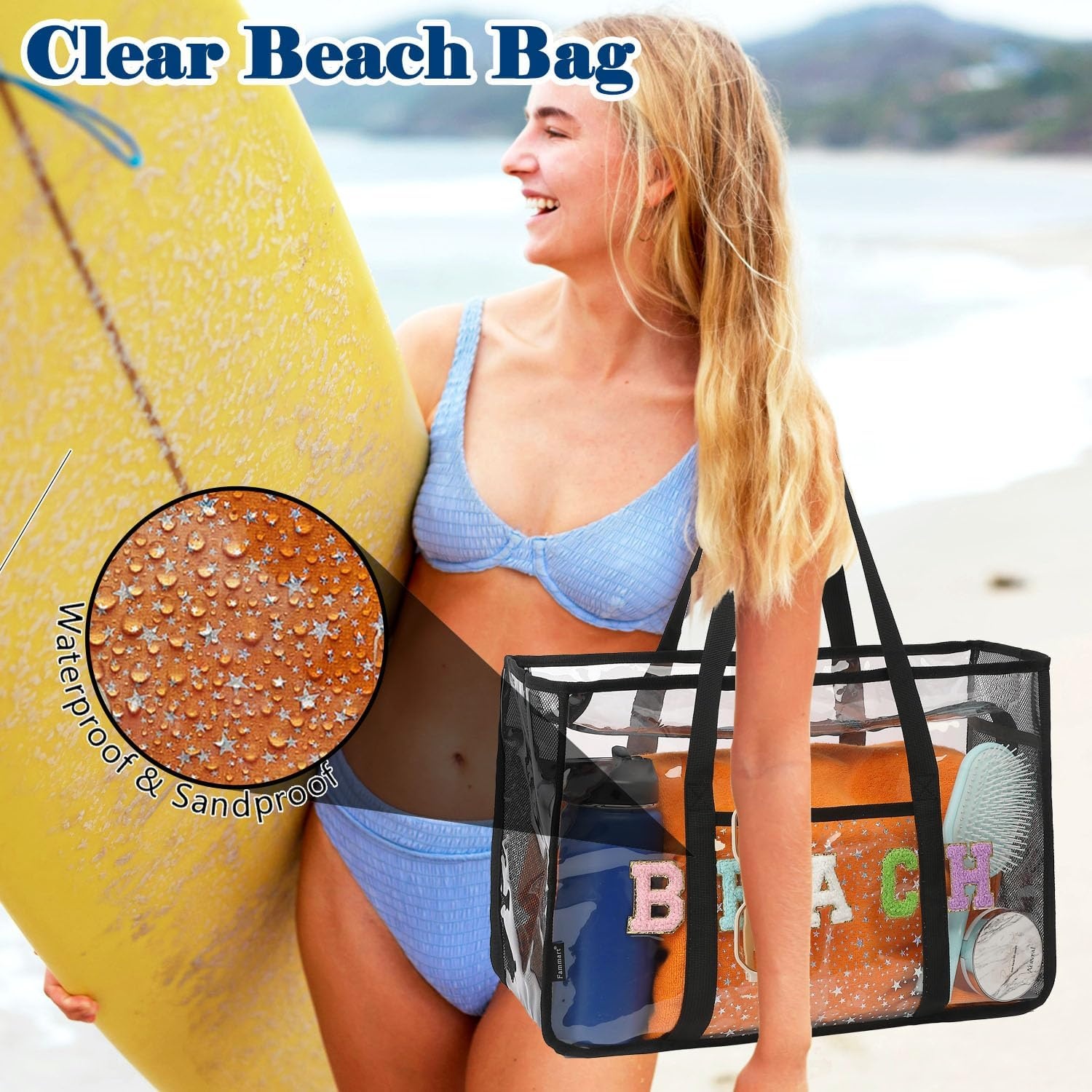 image:imageFammart Clear Beach Bag for Women Large Pool Tote Cruise Vacation Essentials Zipper Closure Waterproof SandproofChenille Letters