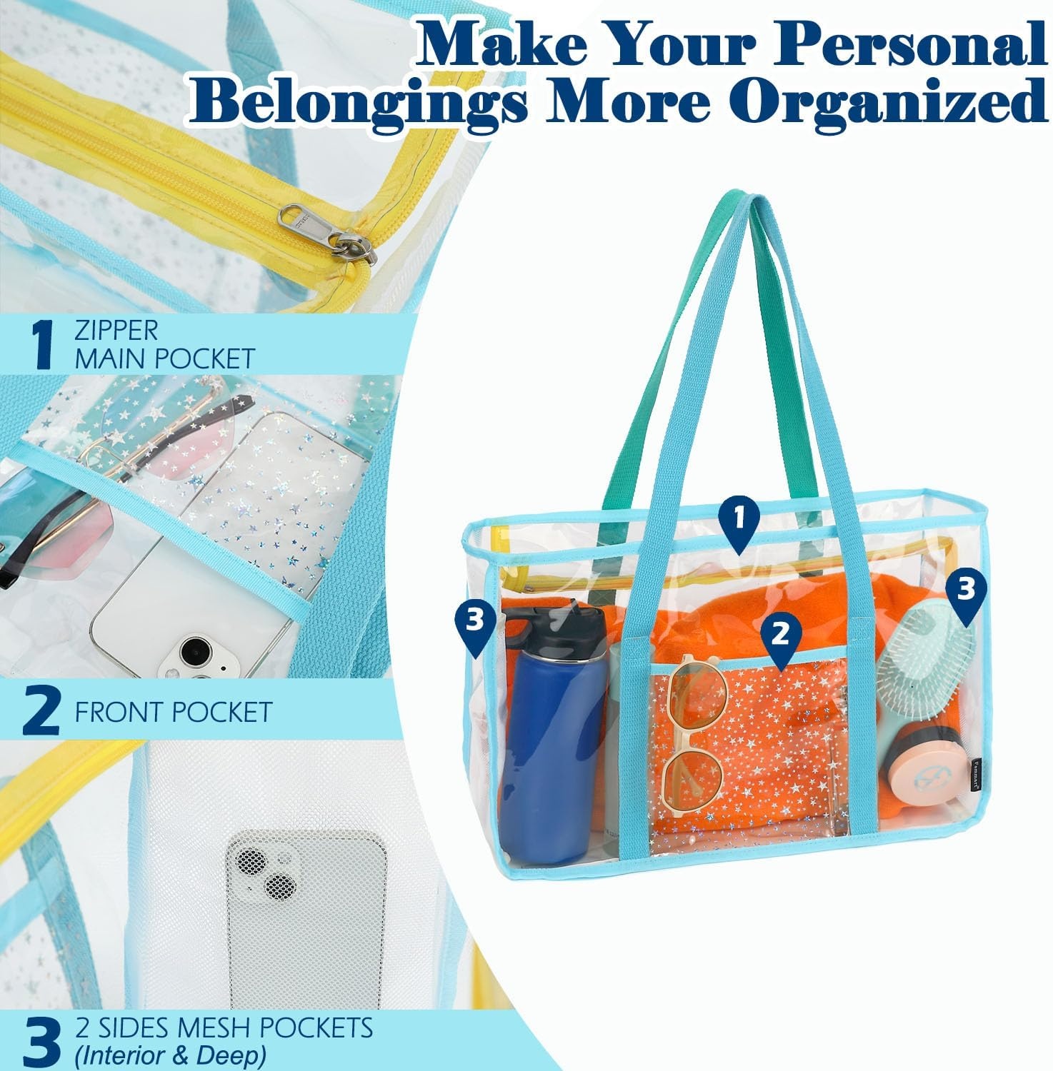 image:imageFammart Clear Beach Bag for Women Large Pool Tote Cruise Vacation Essentials Zipper Closure Waterproof SandproofGreen