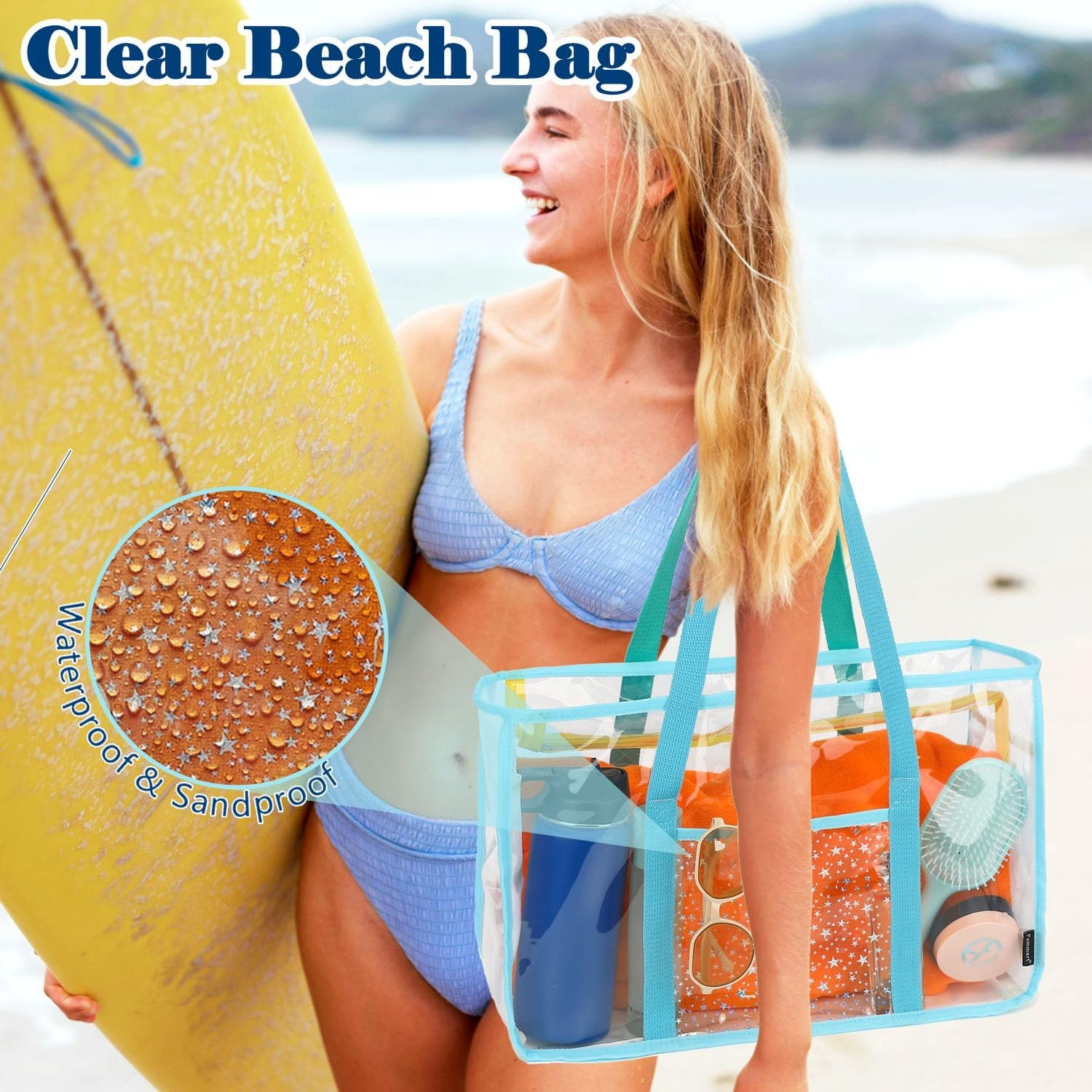 image:imageFammart Clear Beach Bag for Women Large Pool Tote Cruise Vacation Essentials Zipper Closure Waterproof SandproofGreen