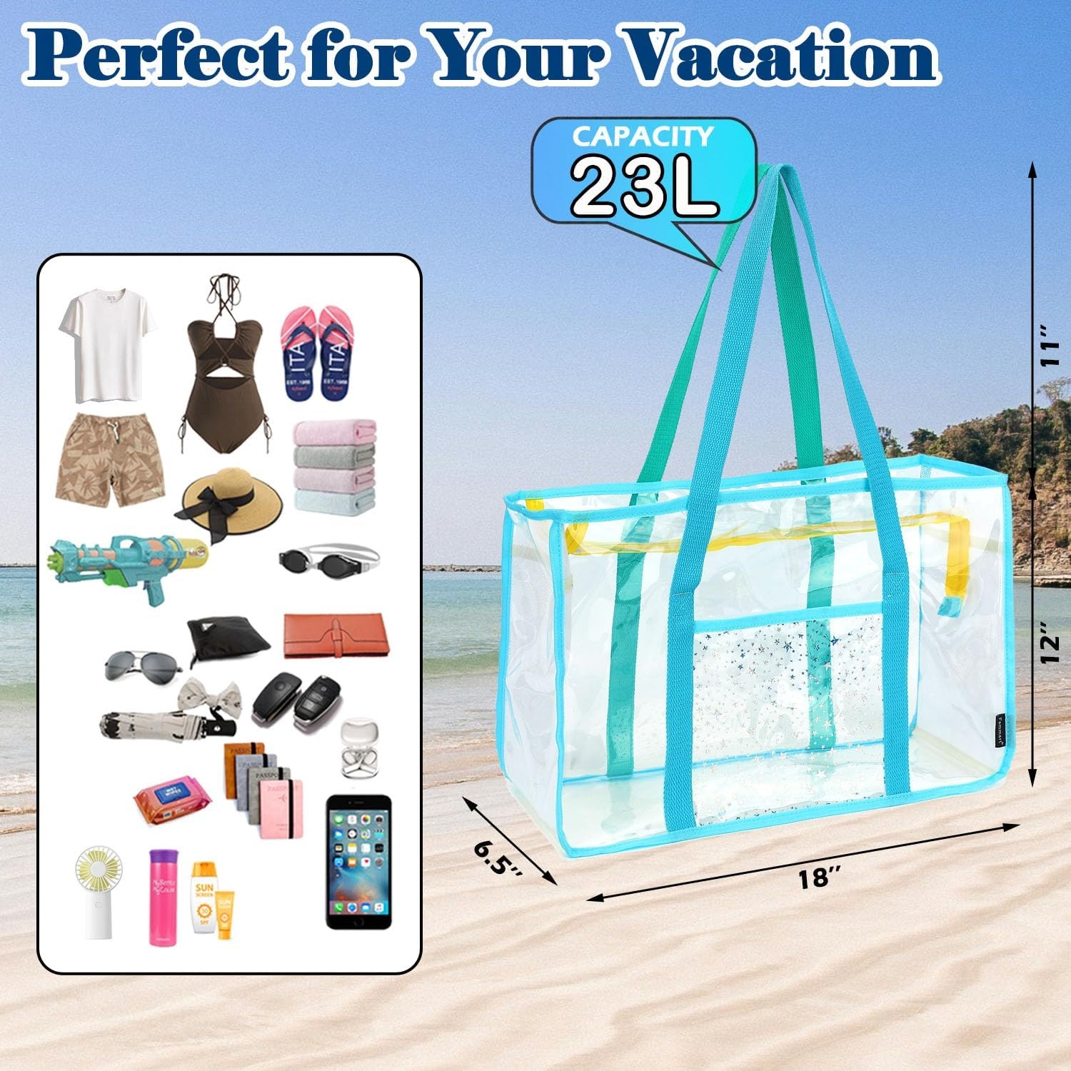image:imageFammart Clear Beach Bag for Women Large Pool Tote Cruise Vacation Essentials Zipper Closure Waterproof SandproofGreen