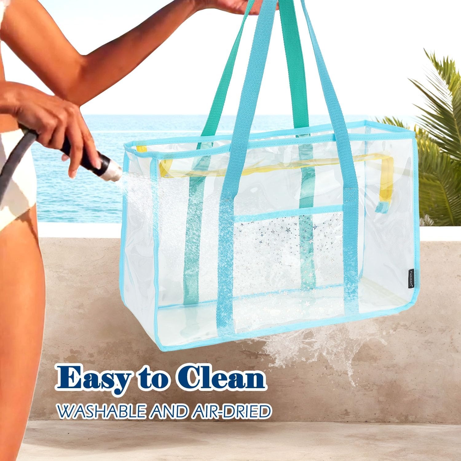 image:imageFammart Clear Beach Bag for Women Large Pool Tote Cruise Vacation Essentials Zipper Closure Waterproof SandproofGreen