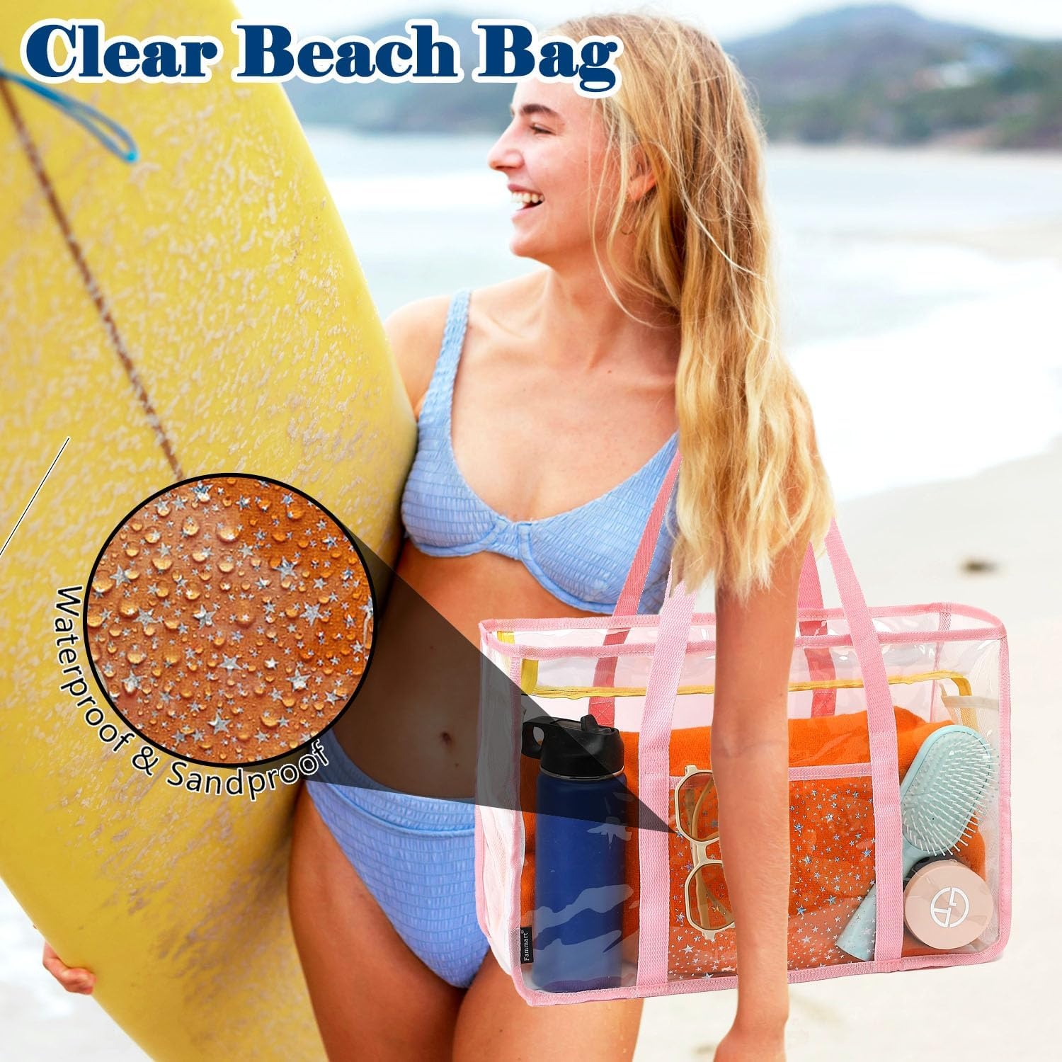 image:imageFammart Clear Beach Bag for Women Large Pool Tote Cruise Vacation Essentials Zipper Closure Waterproof SandproofPink