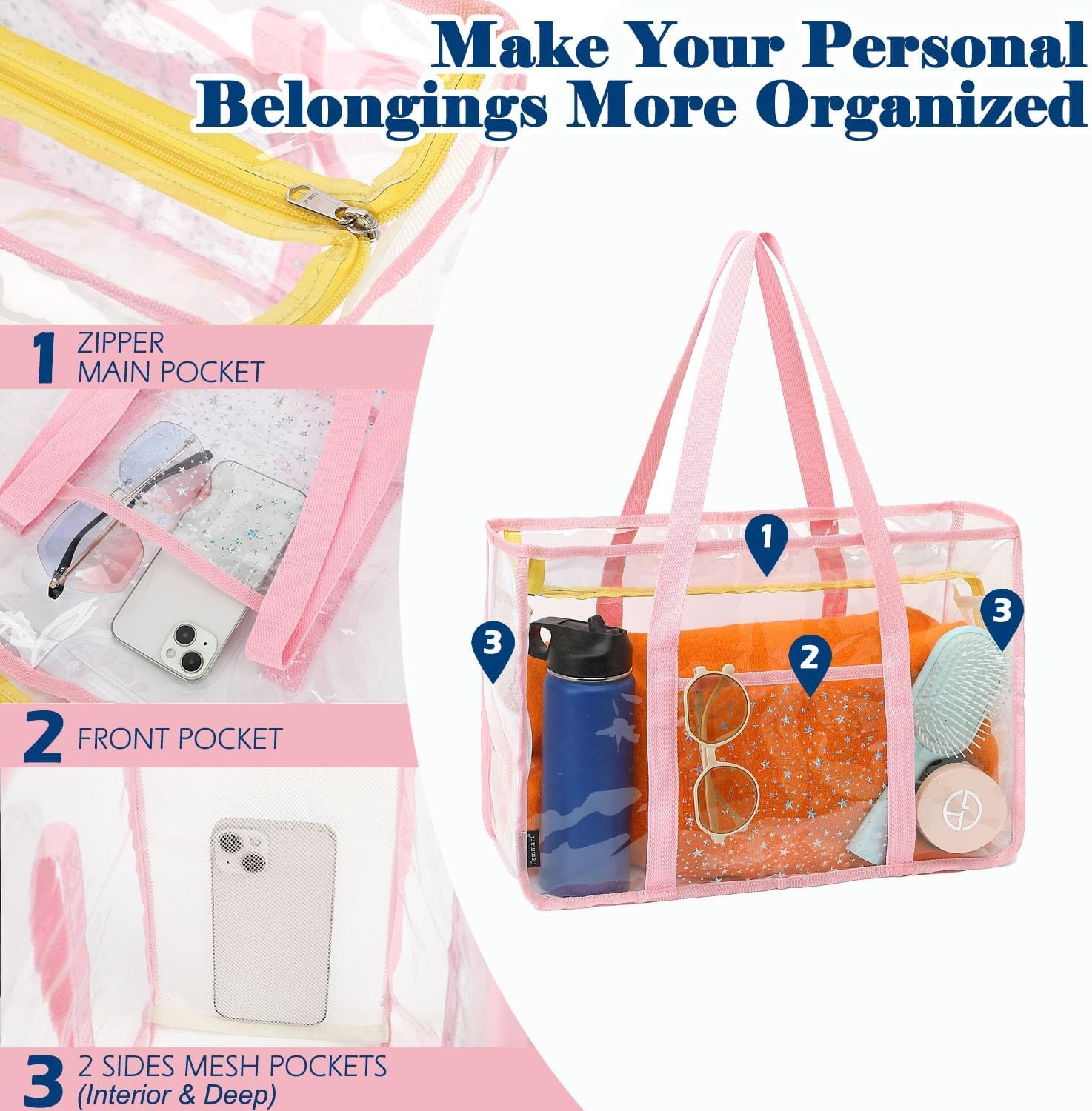 image:imageFammart Clear Beach Bag for Women Large Pool Tote Cruise Vacation Essentials Zipper Closure Waterproof SandproofPink