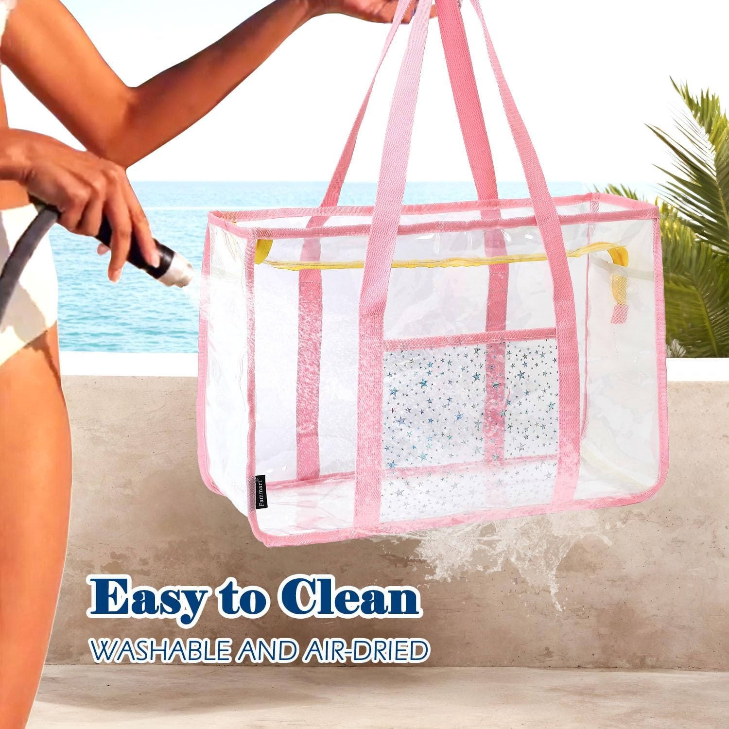 image:imageFammart Clear Beach Bag for Women Large Pool Tote Cruise Vacation Essentials Zipper Closure Waterproof SandproofPink