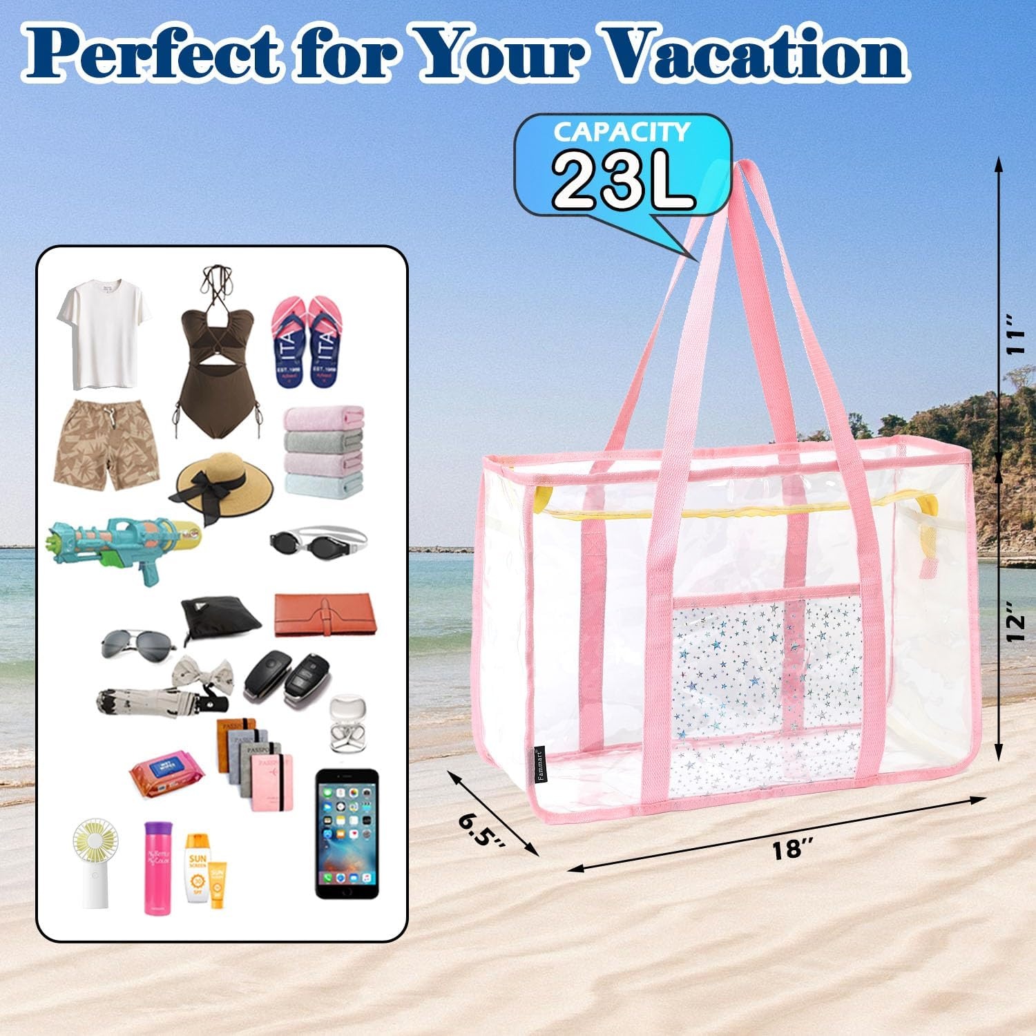 image:imageFammart Clear Beach Bag for Women Large Pool Tote Cruise Vacation Essentials Zipper Closure Waterproof SandproofPink