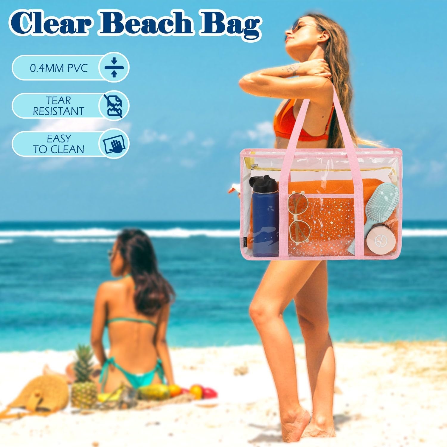 image:imageFammart Clear Beach Bag for Women Large Pool Tote Cruise Vacation Essentials Zipper Closure Waterproof SandproofPink