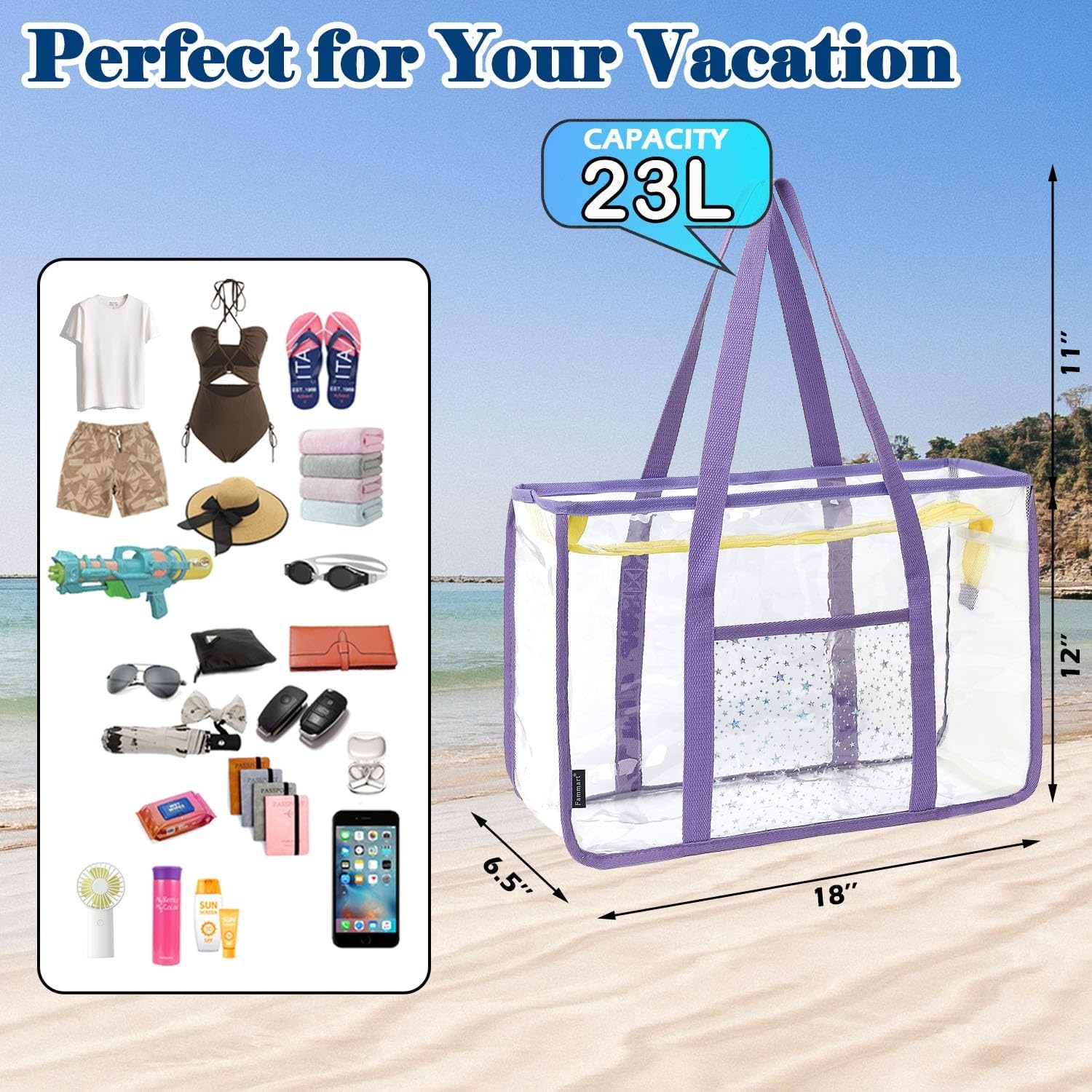 image:imageFammart Clear Beach Bag for Women Large Pool Tote Cruise Vacation Essentials Zipper Closure Waterproof SandproofPurple