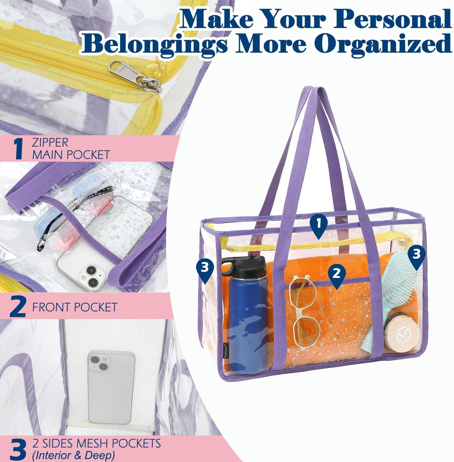 image:imageFammart Clear Beach Bag for Women Large Pool Tote Cruise Vacation Essentials Zipper Closure Waterproof SandproofPurple