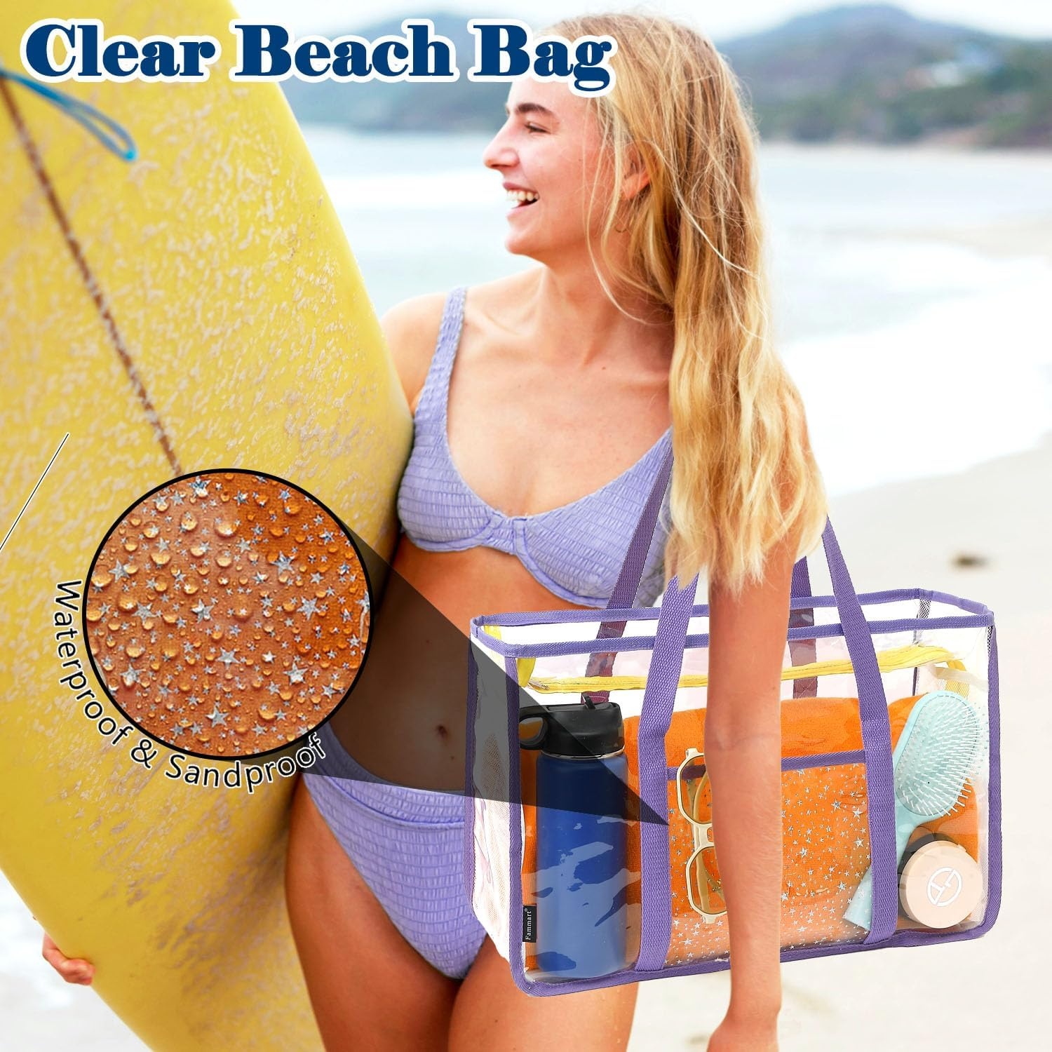 image:imageFammart Clear Beach Bag for Women Large Pool Tote Cruise Vacation Essentials Zipper Closure Waterproof SandproofPurple