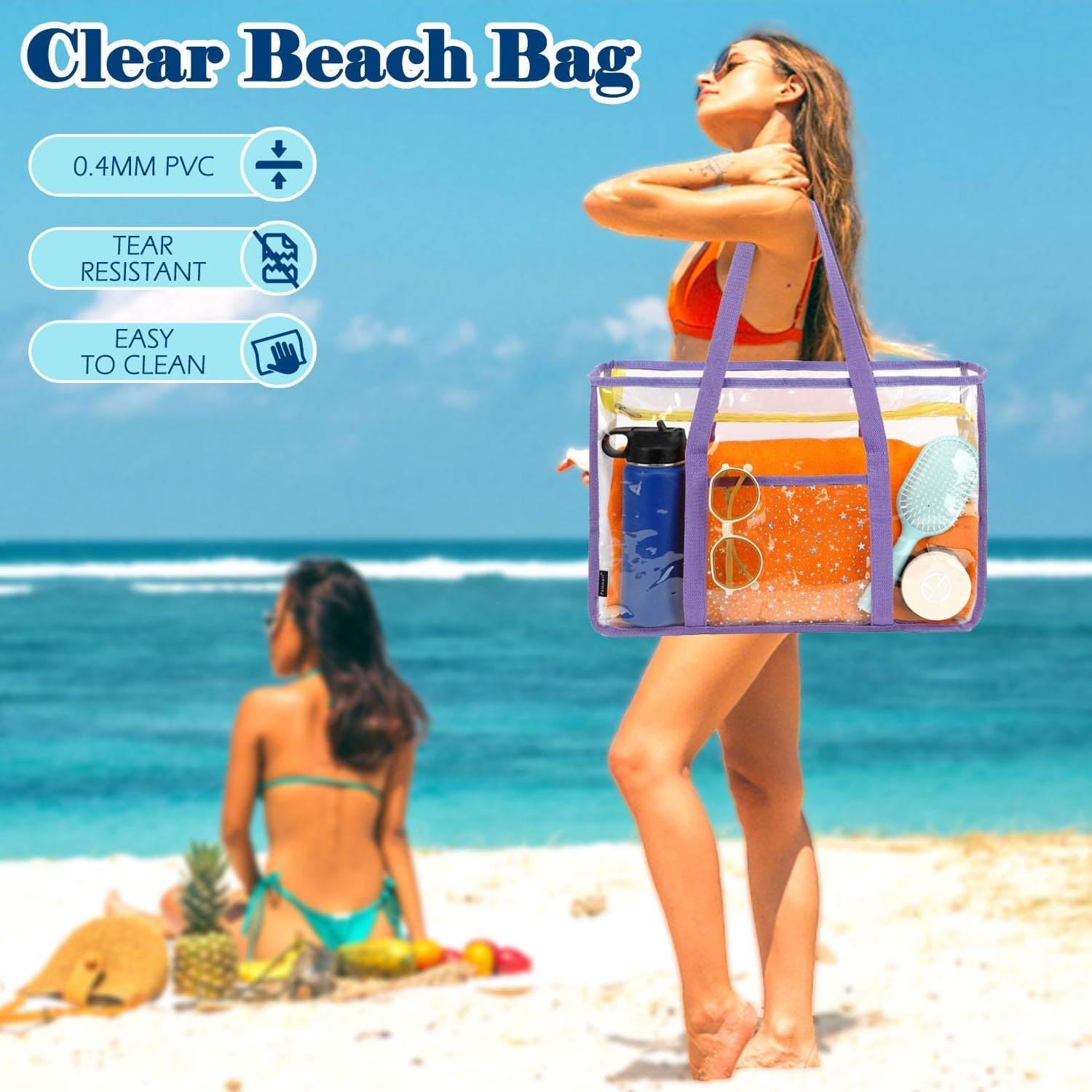 image:imageFammart Clear Beach Bag for Women Large Pool Tote Cruise Vacation Essentials Zipper Closure Waterproof SandproofPurple