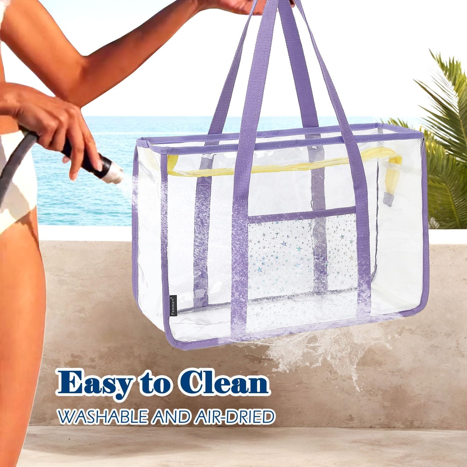 image:imageFammart Clear Beach Bag for Women Large Pool Tote Cruise Vacation Essentials Zipper Closure Waterproof SandproofPurple