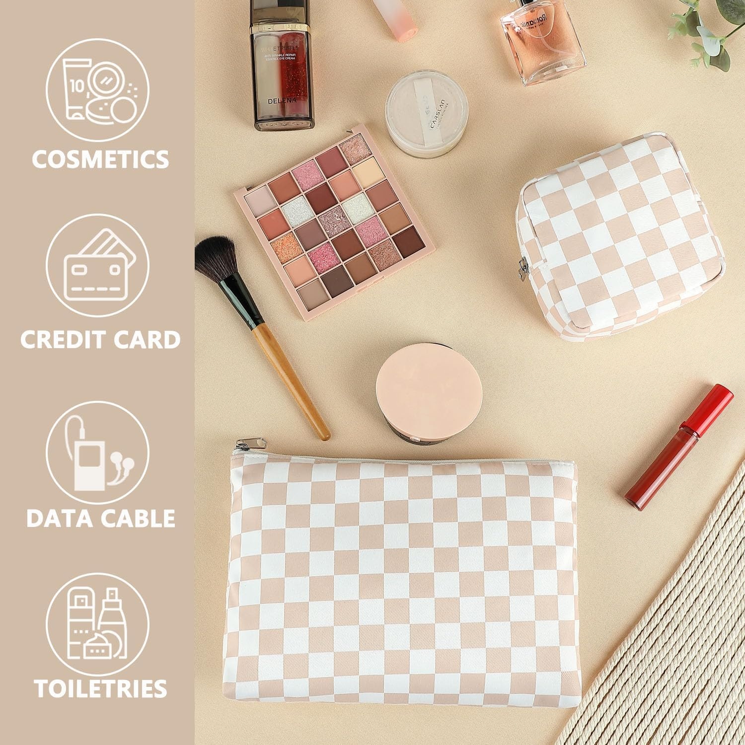 image:imageFammart Corduroy Makeup Bag Travel Cosmetic Bag Organizer Toiletry Bag Make Up Bags with Zipper amp Compartments for Women Girls 2PCSCheckered 2PCS Khaki