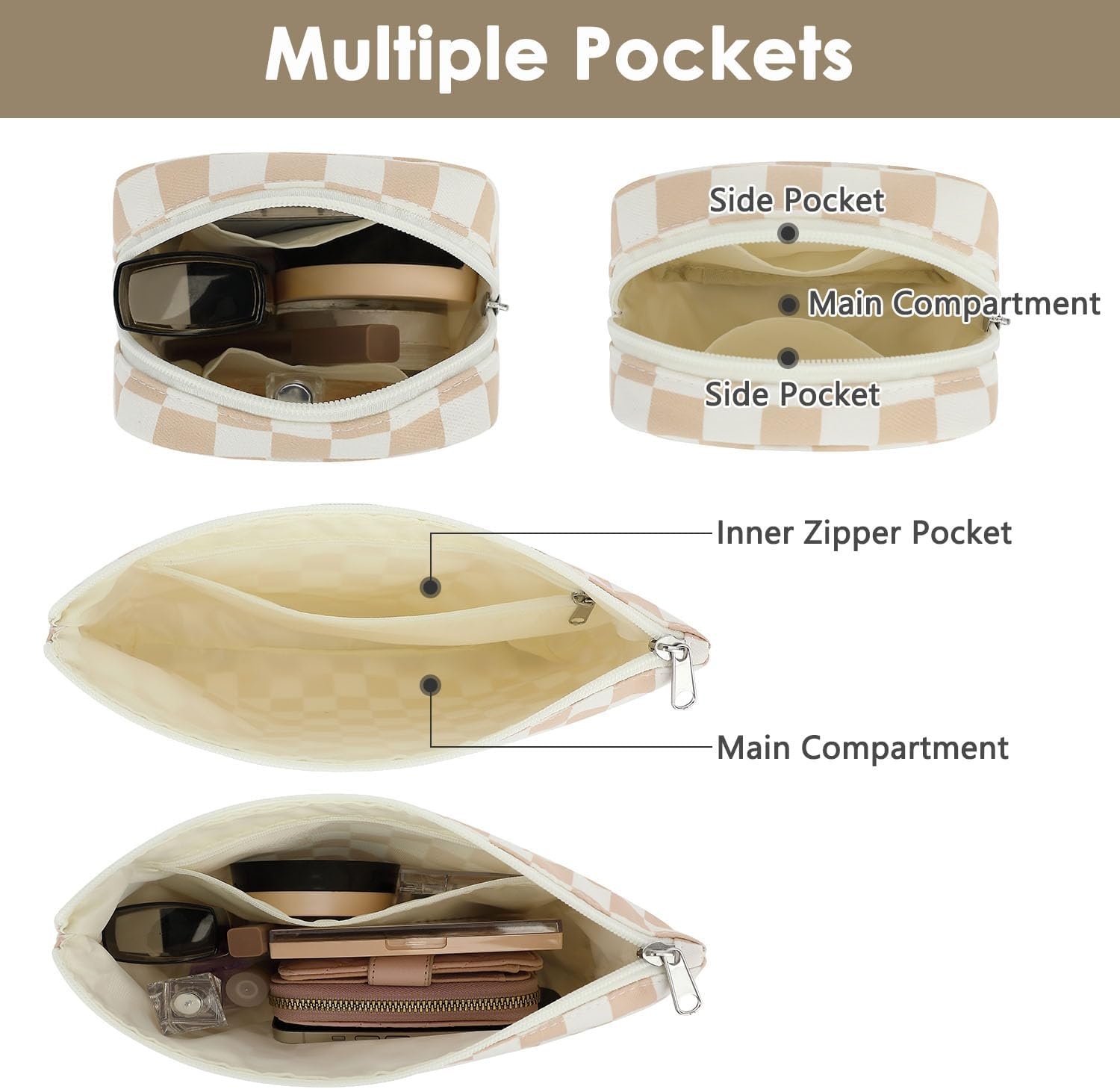 image:imageFammart Corduroy Makeup Bag Travel Cosmetic Bag Organizer Toiletry Bag Make Up Bags with Zipper amp Compartments for Women Girls 2PCSCheckered 2PCS Khaki