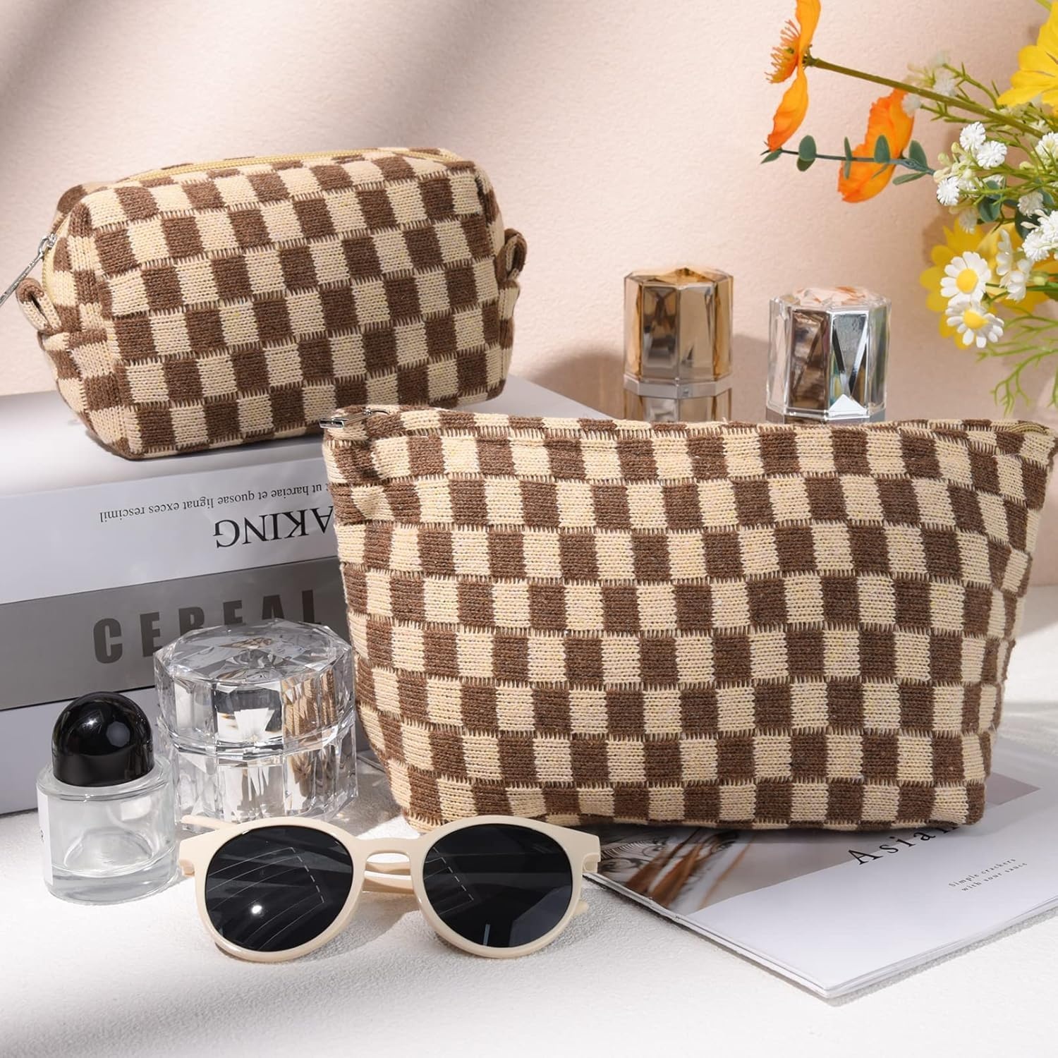 image:imageFammart Corduroy Makeup Bag Travel Cosmetic Bag Organizer Toiletry Bag Make Up Bags with Zipper amp Compartments for Women Girls 2PCSCheckered 2PCS Brown