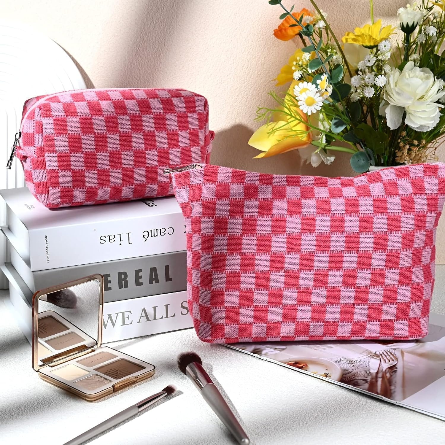 image:imageFammart Corduroy Makeup Bag Travel Cosmetic Bag Organizer Toiletry Bag Make Up Bags with Zipper amp Compartments for Women Girls 2PCSCheckered 2PCS Rose Red