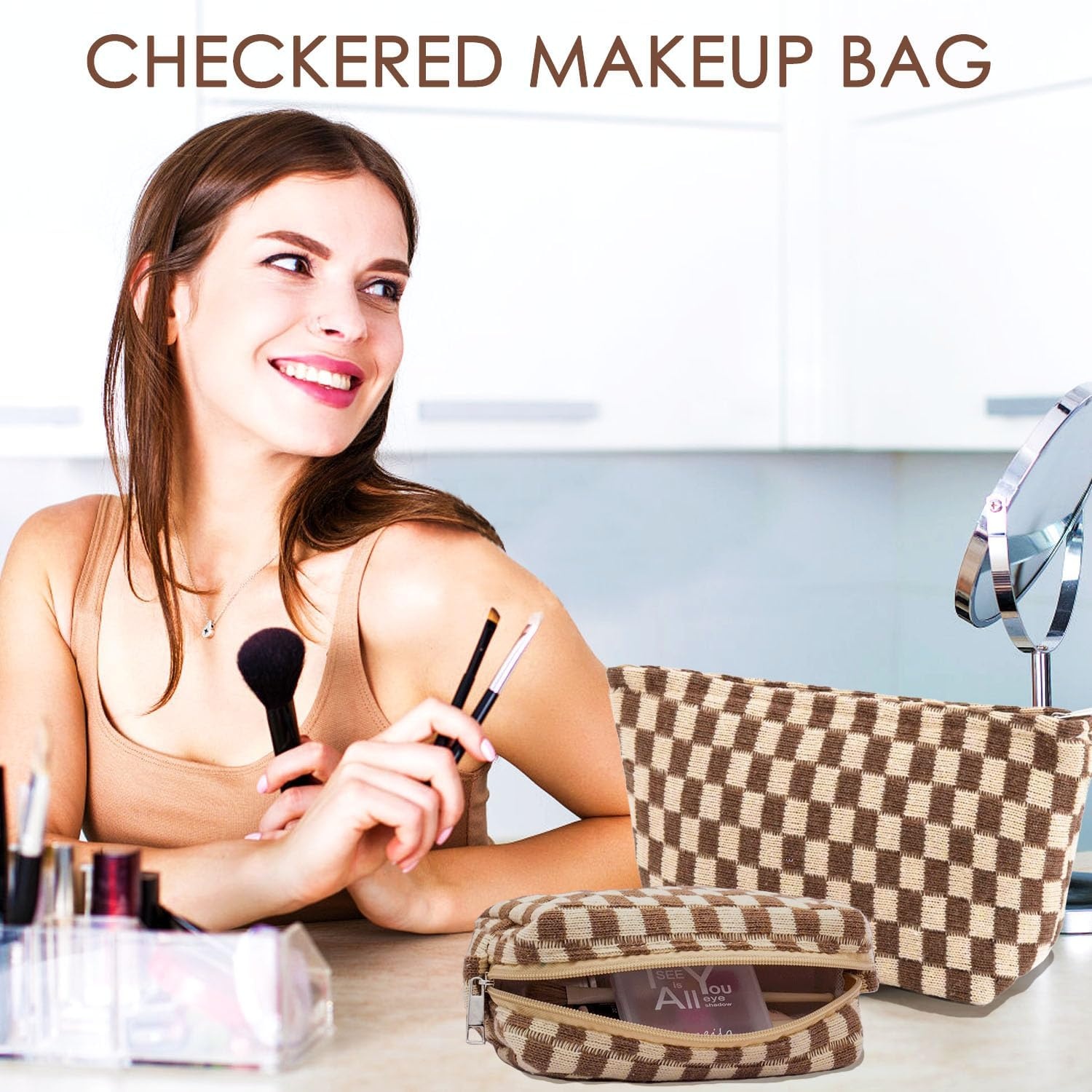 image:imageFammart Corduroy Makeup Bag Travel Cosmetic Bag Organizer Toiletry Bag Make Up Bags with Zipper amp Compartments for Women Girls 2PCSCheckered 2PCS Brown