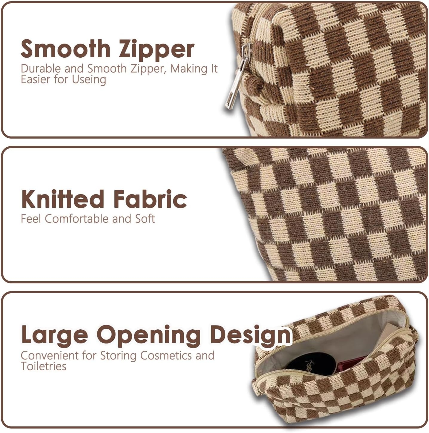 image:imageFammart Corduroy Makeup Bag Travel Cosmetic Bag Organizer Toiletry Bag Make Up Bags with Zipper amp Compartments for Women Girls 2PCSCheckered 2PCS Brown