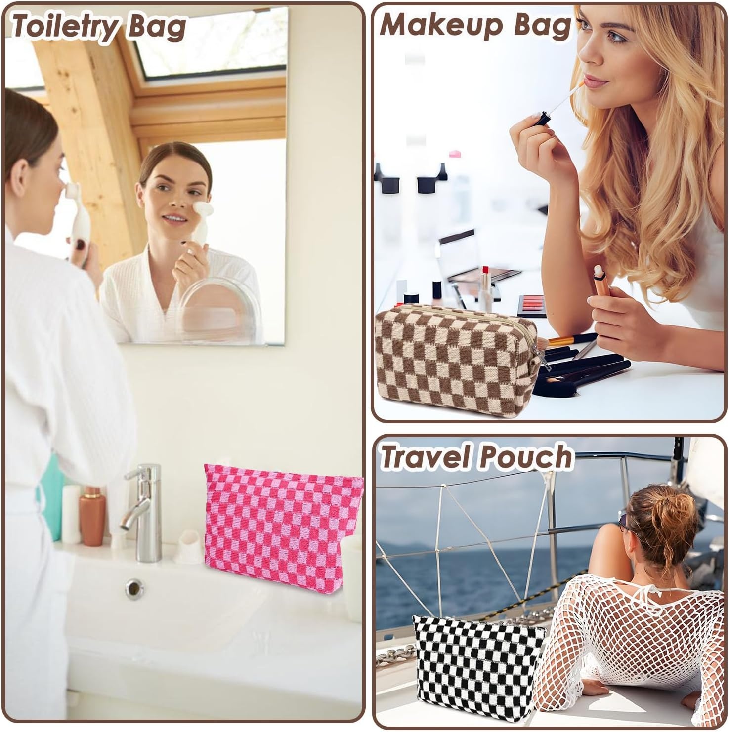 image:imageFammart Corduroy Makeup Bag Travel Cosmetic Bag Organizer Toiletry Bag Make Up Bags with Zipper amp Compartments for Women Girls 2PCSCheckered 2PCS Brown